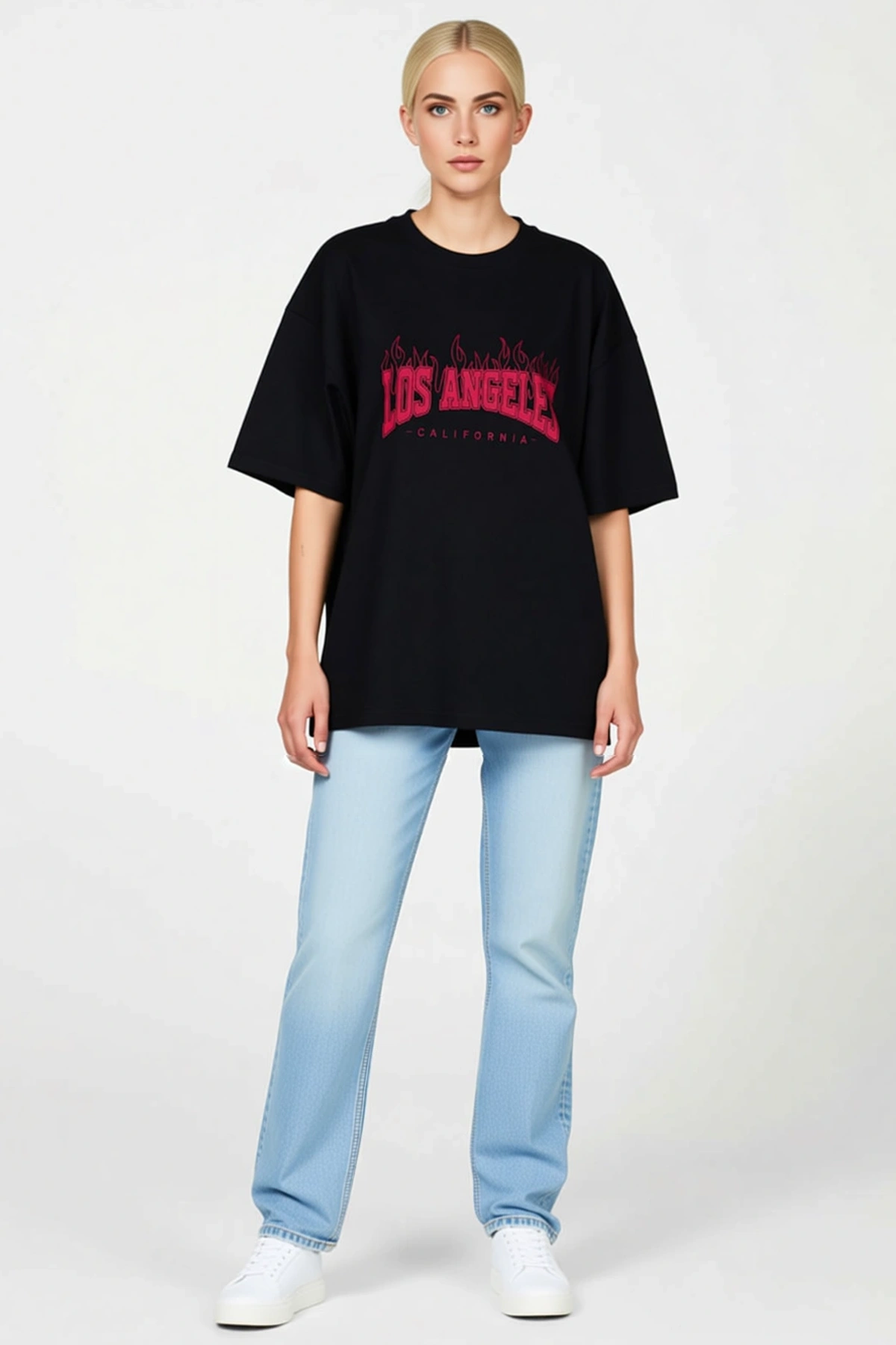 Kadın Bisiklet Yaka Alev Motifli Yazı Baskılı Oversize Tişört Bol Kalıp Kısa Kollu Unisex Günlük