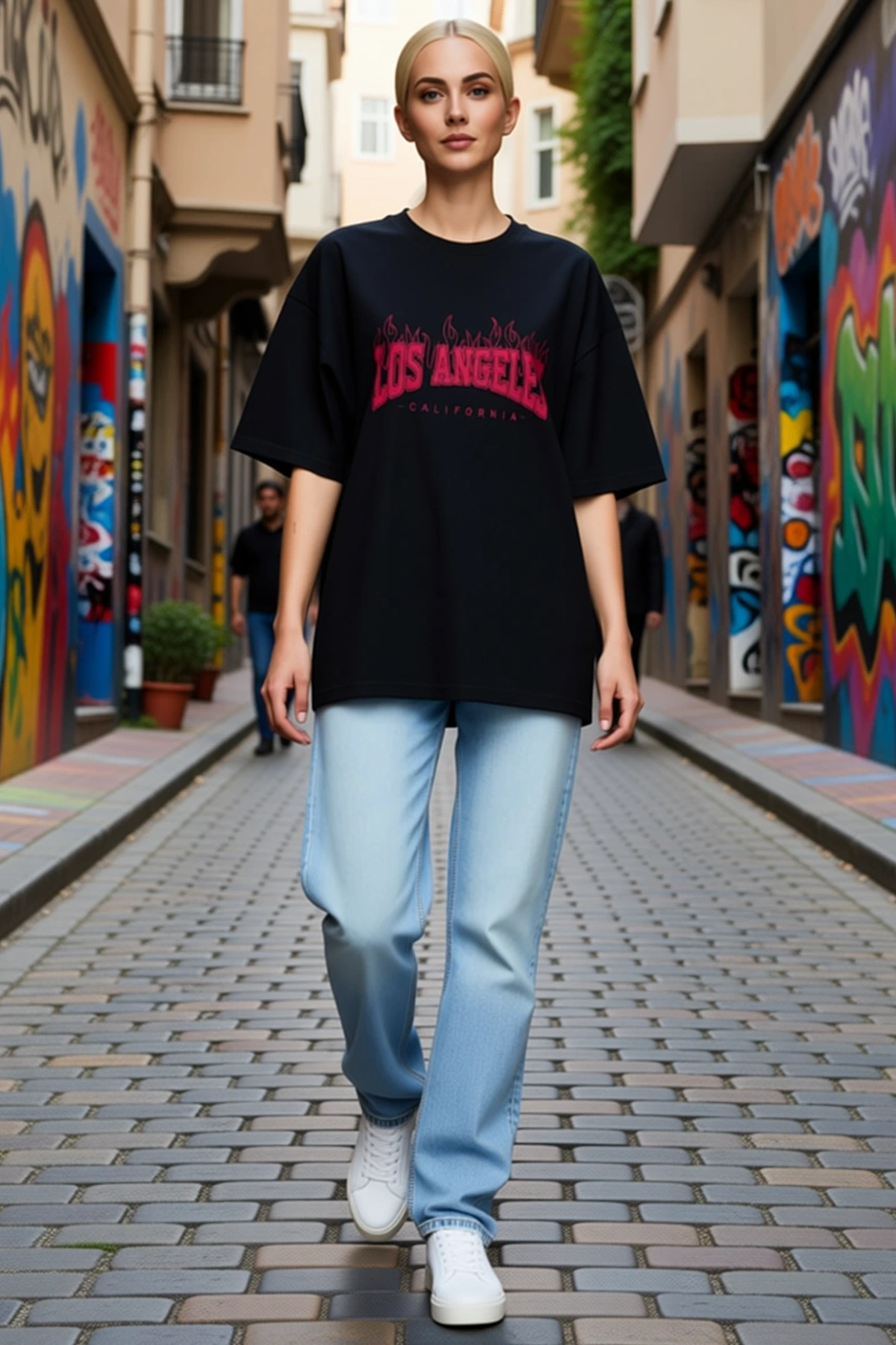 Kadın Bisiklet Yaka Alev Motifli Yazı Baskılı Oversize Tişört Bol Kalıp Kısa Kollu Unisex Günlük
