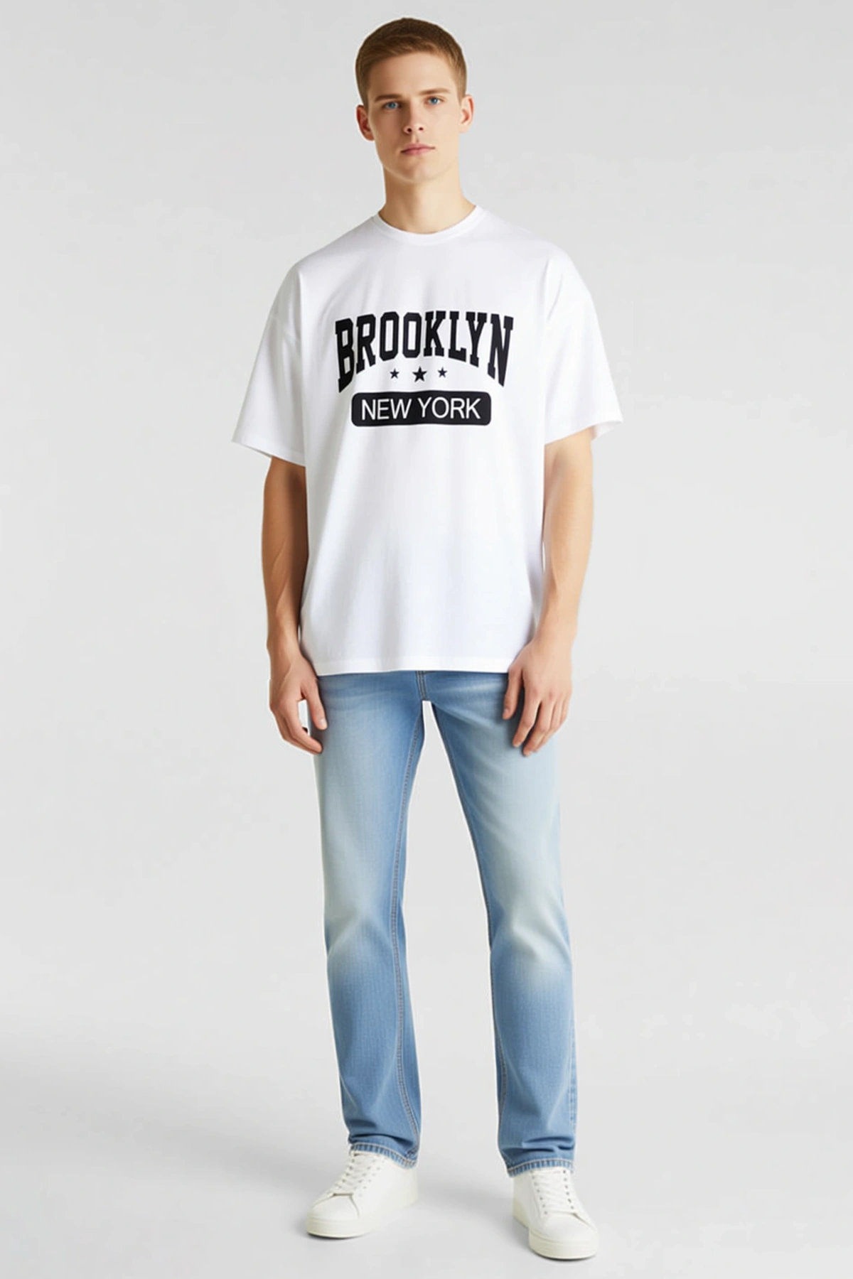 Erkek Bisiklet Yaka Oversize Kısa Kollu Brooklyn New York Yazı Baskılı Rahat Kalıp Günlük Tişört