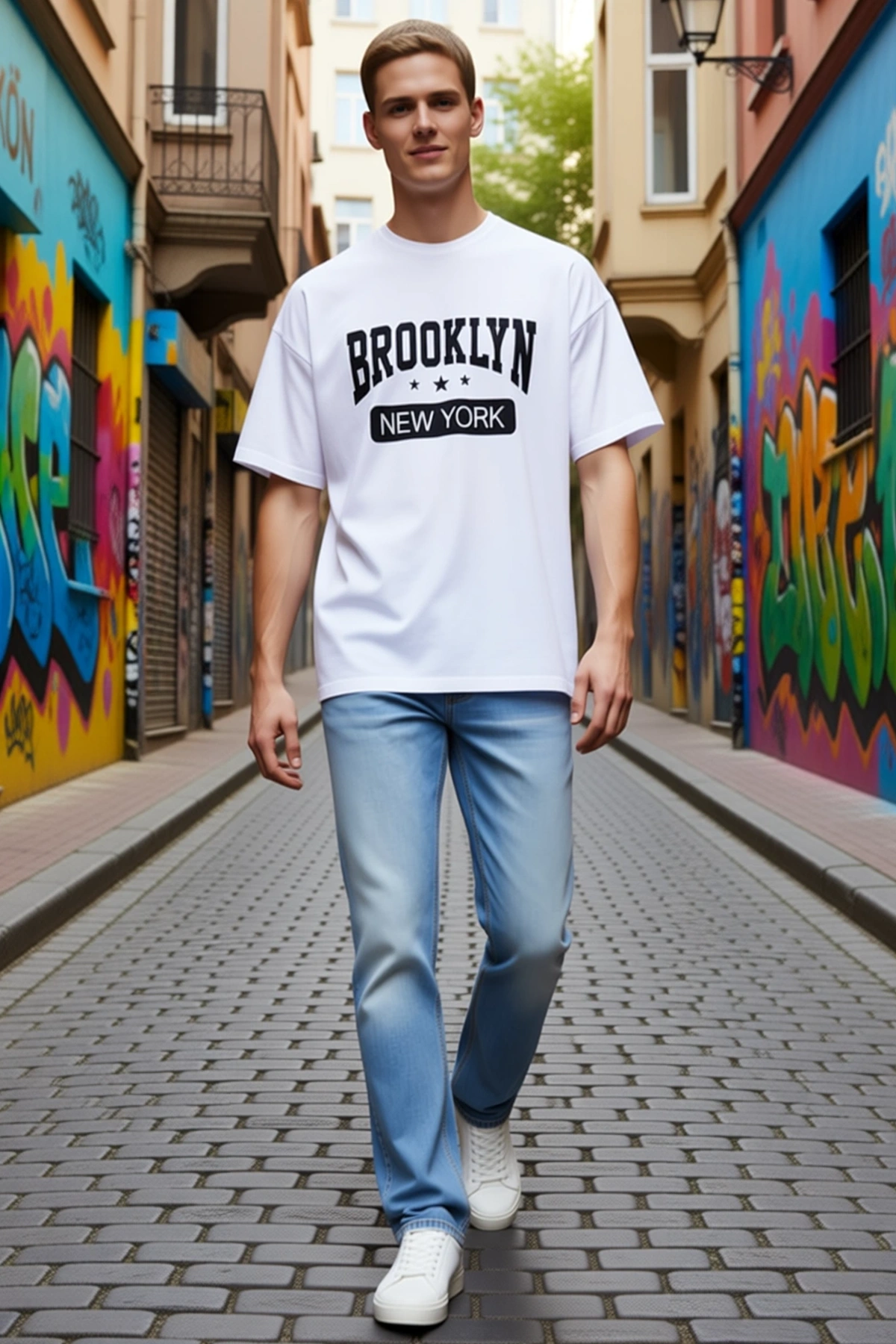 Erkek Bisiklet Yaka Oversize Kısa Kollu Brooklyn New York Yazı Baskılı Rahat Kalıp Günlük Tişört