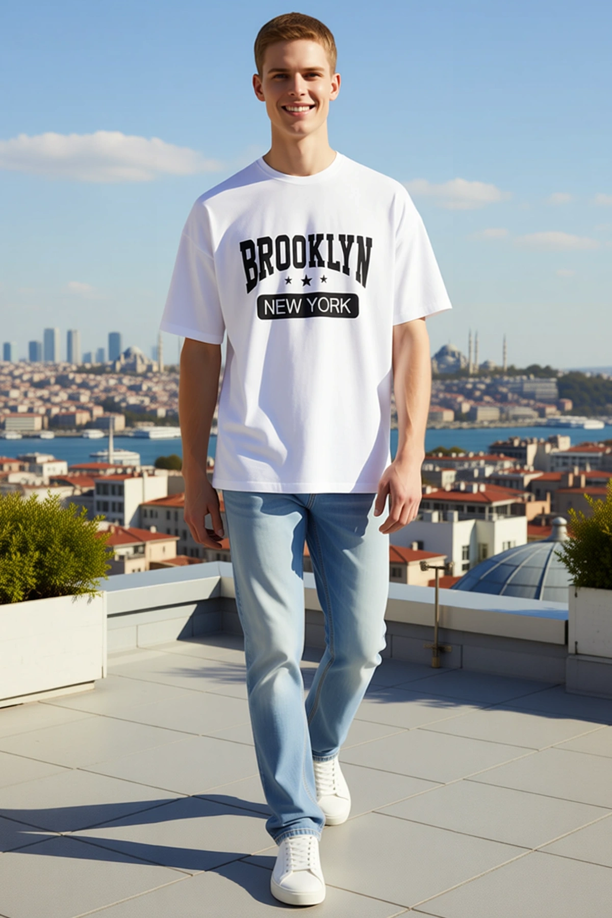 Erkek Bisiklet Yaka Oversize Kısa Kollu Brooklyn New York Yazı Baskılı Rahat Kalıp Günlük Tişört