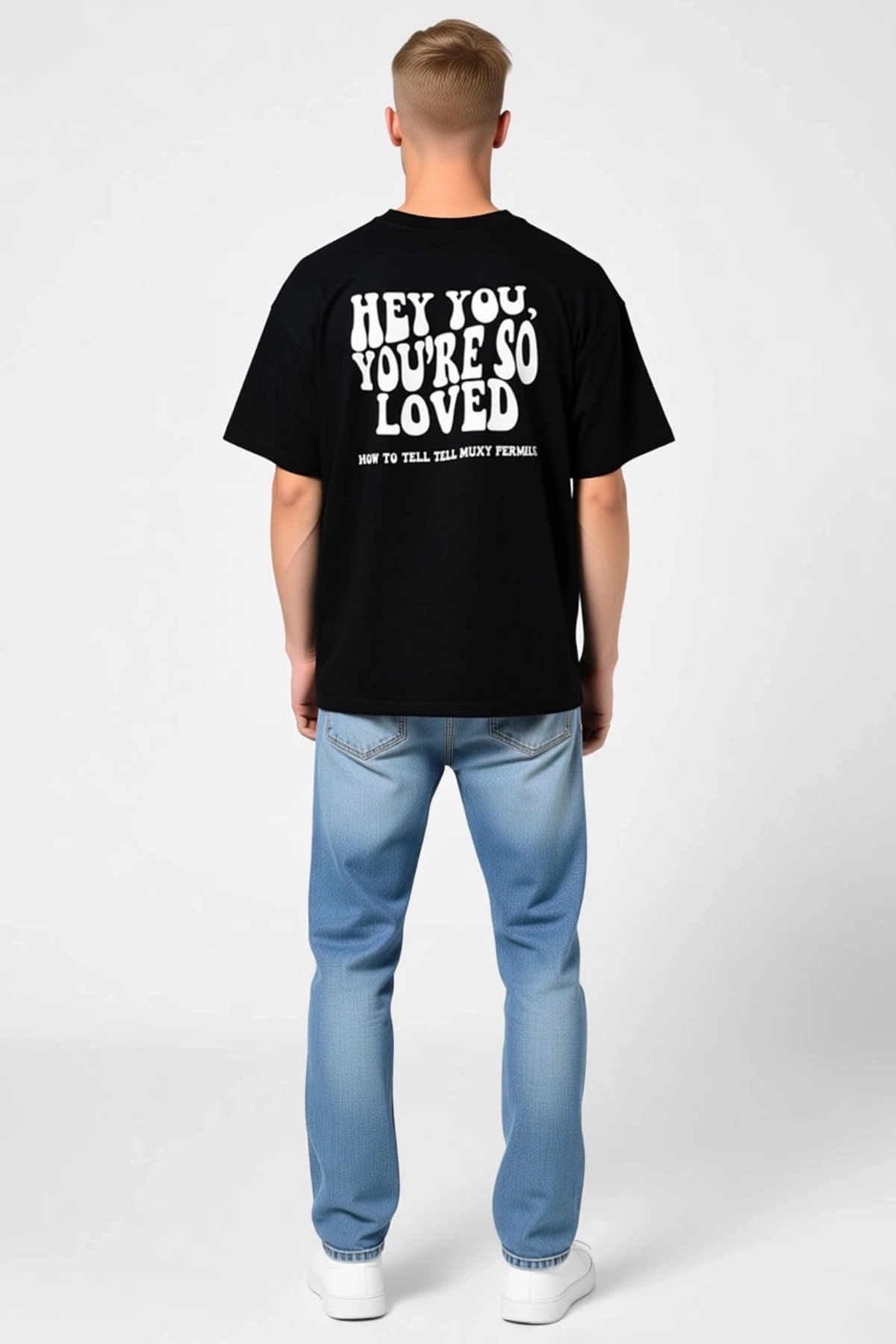 Erkek Bisiklet Yaka Oversize Sol Göğüs Hey You Youre So Loved Yazı Baskılı Rahat Kalıp Günlük Tişört