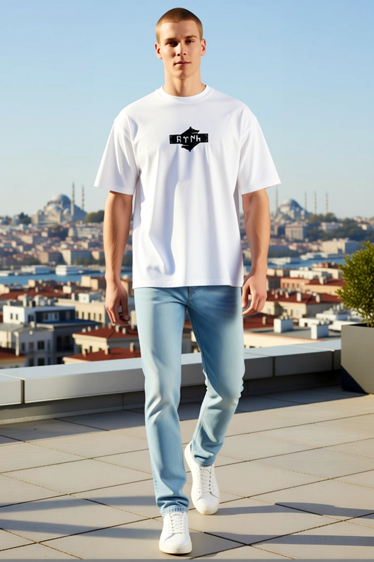 Erkek Bisiklet Yaka Double Oversize Kurt Baskılı Kısa Kollu Salaş Kesim Günlük Tişört Konforlu Rahat