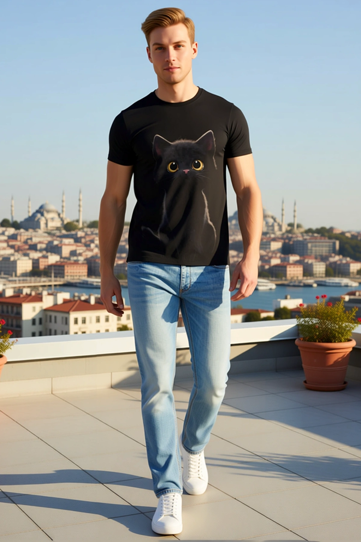 Erkek Bisiklet Yaka Kedi Baskılı Süprem Klasik Kalıp Günlük Tişört Rahat Konforlu Modern Kullanım