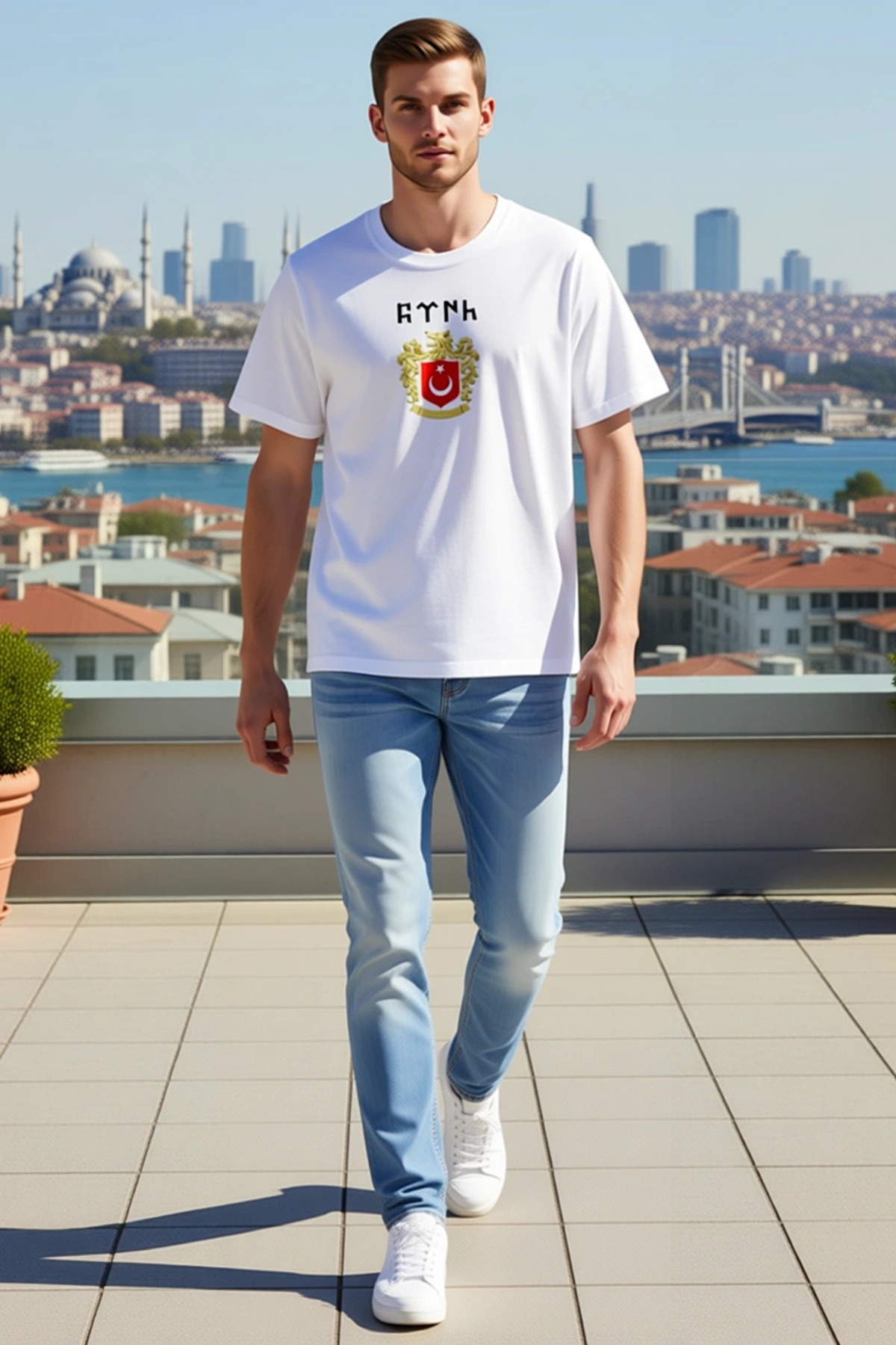 Erkek Bisiklet Yaka Oversize Göktürk Yazılı Armalı Baskılı Kısa Kollu Günlük Tişört Rahat Konforlu