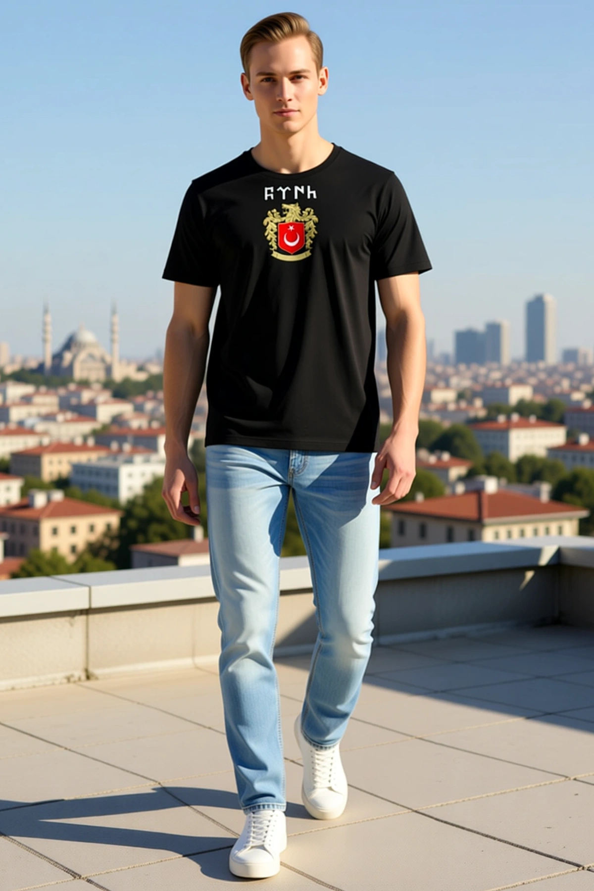 Erkek Bisiklet Yaka Oversize Göktürk Yazılı Kurt Armalı Ay Yıldız Baskılı Kısa Kollu Günlük Tişört