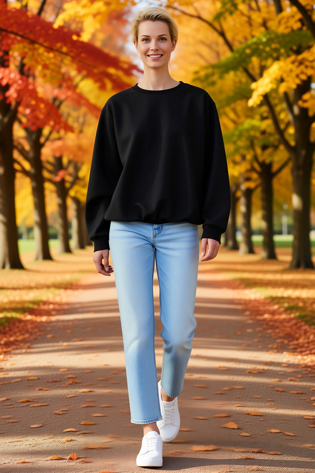 Kadın Bisiklet Yaka Üç İplik Basic Sweatshirt Oversize Düşük Omuz Uzun Kollu Rahat Kesim Günlük