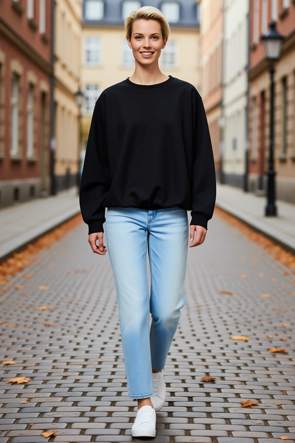 Kadın Bisiklet Yaka Üç İplik Basic Sweatshirt Oversize Düşük Omuz Uzun Kollu Rahat Kesim Günlük
