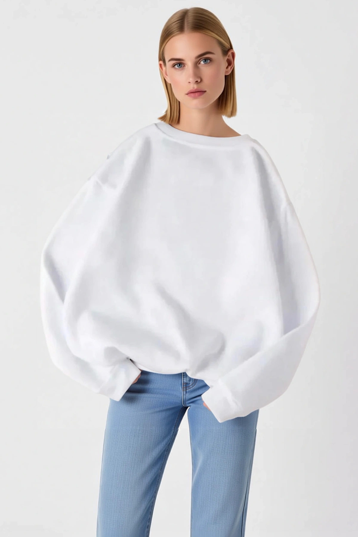 Kadın Bisiklet Yaka Üç İplik Basic Sweatshirt Salaş Düşük Omuz Uzun Kollu Rahat Kesim Yumuşak Günlük