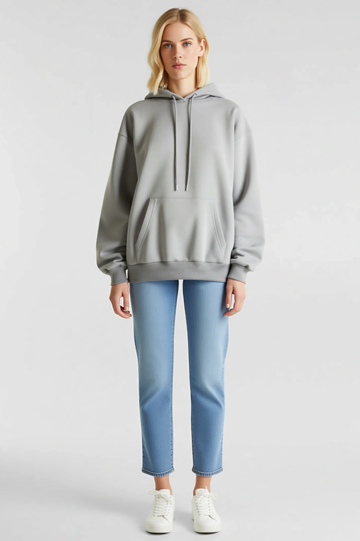 Kadın Kapüşonlu Pamuklu Üç İplik Unisex Sweatshirt Kanguru Cepli Bağcıklı Rahat Kalıp Sade Günlük