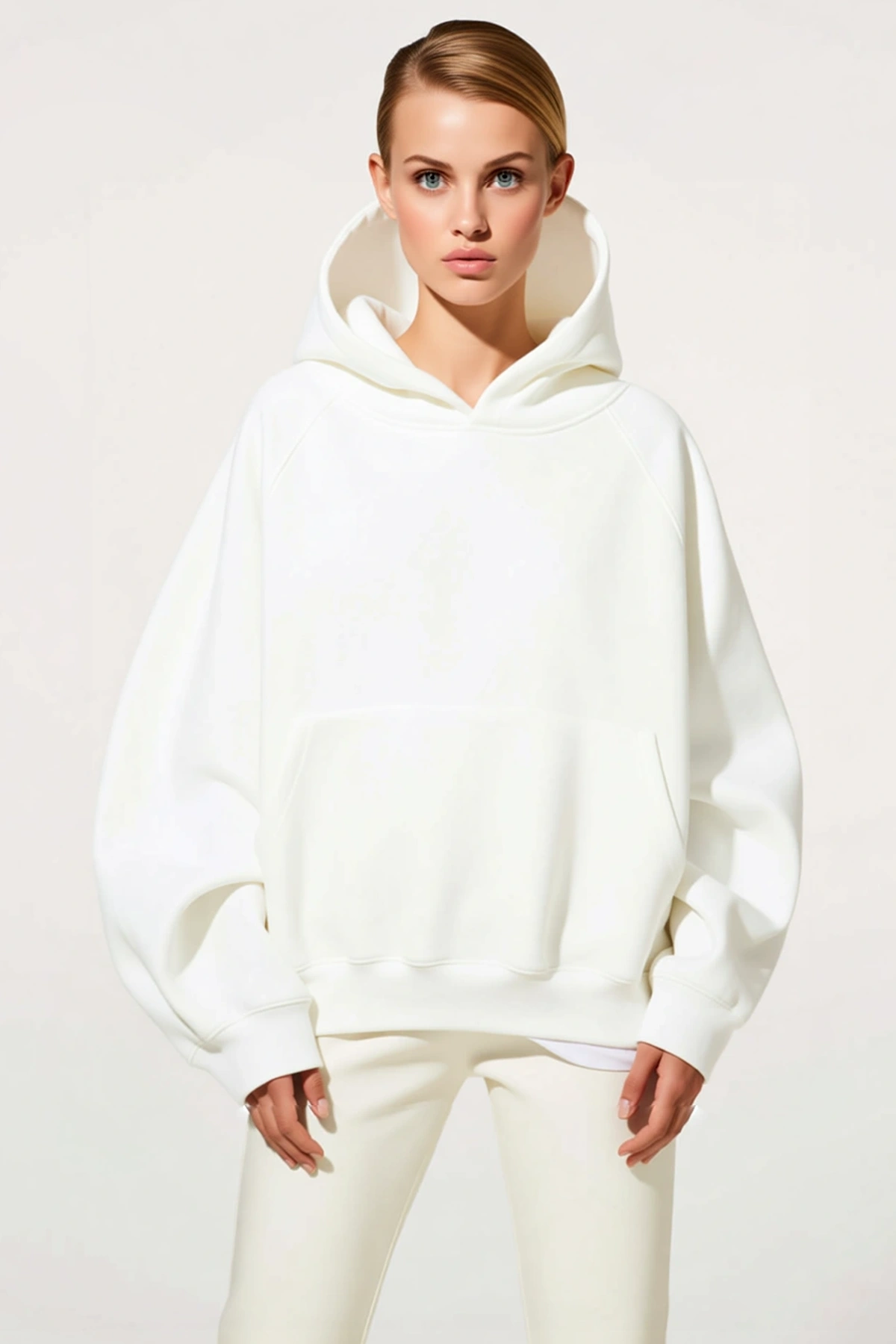 Kadın Kapüşonlu Pamuklu Üç İplik Unisex Sweatshirt Reglan Kollu Kanguru Cepli Geniş Kalıp Günlük