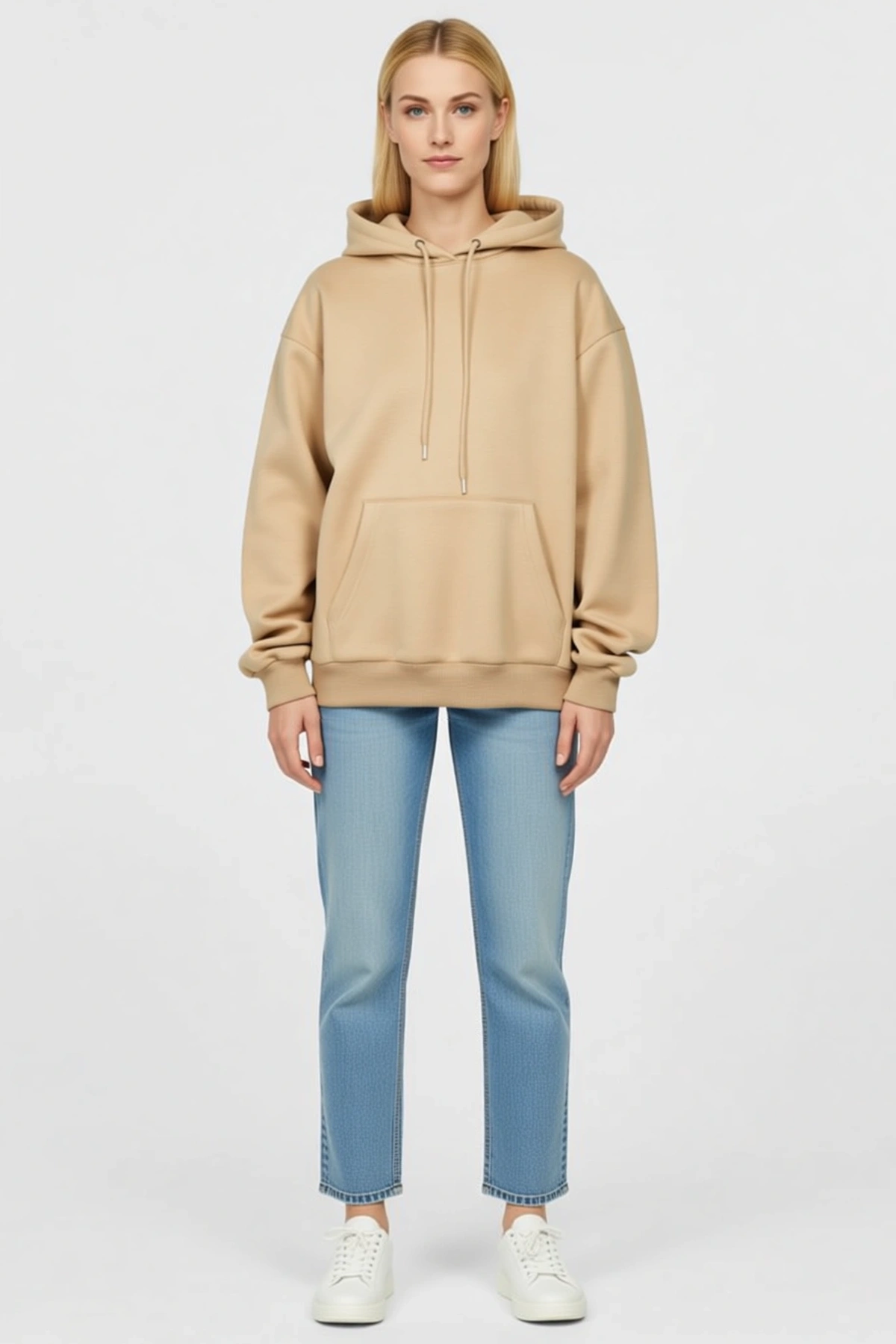 Kadın Kapüşonlu Pamuklu Üç İplik Unisex Sweatshirt Bağcıklı Kanguru Cepli Ribanalı Kalıp Günlük