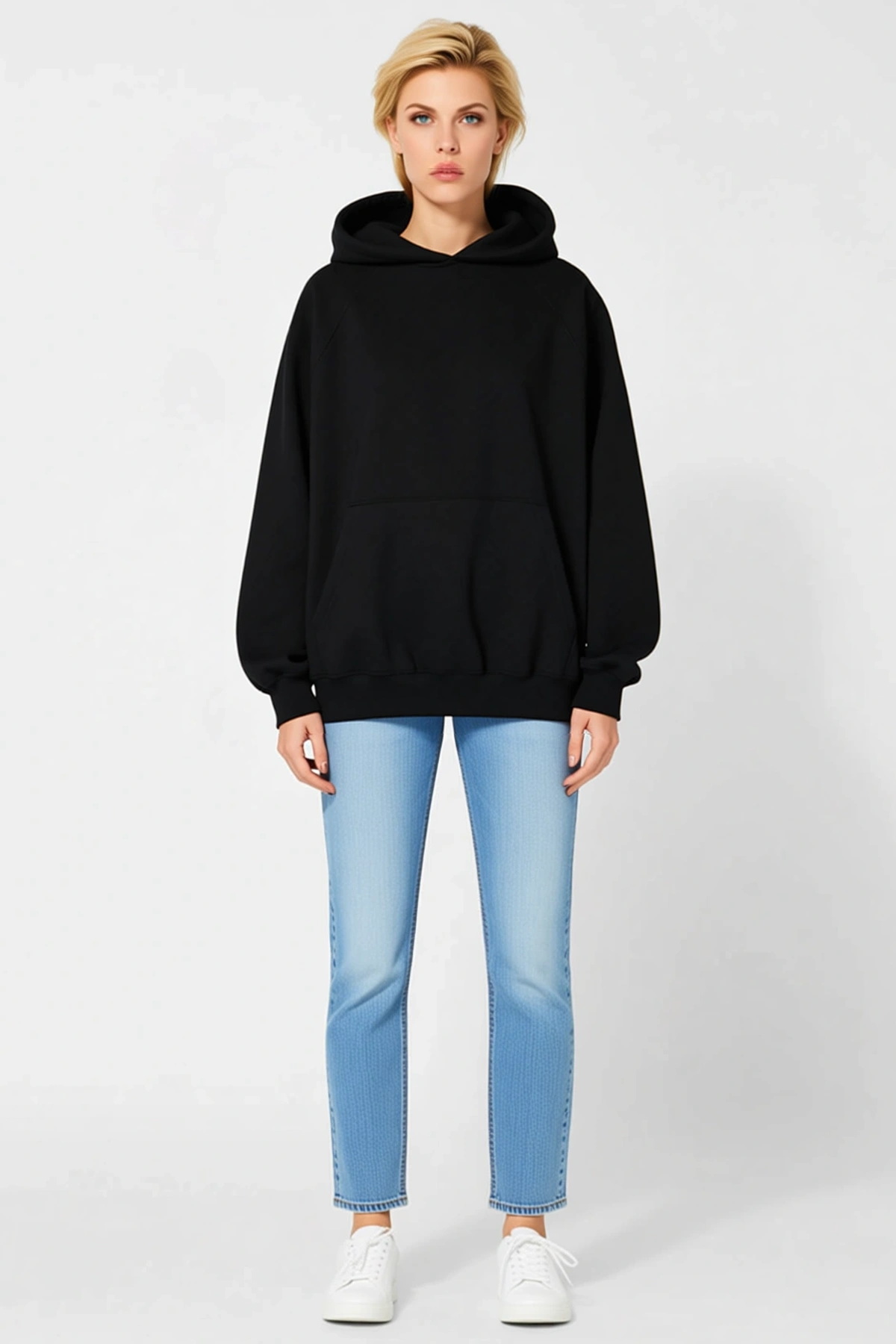 Kadın Kapüşonlu Pamuklu Üç İplik Unisex Sweatshirt Reglan Kollu Ribanalı Geniş Kalıp Rahat Günlük