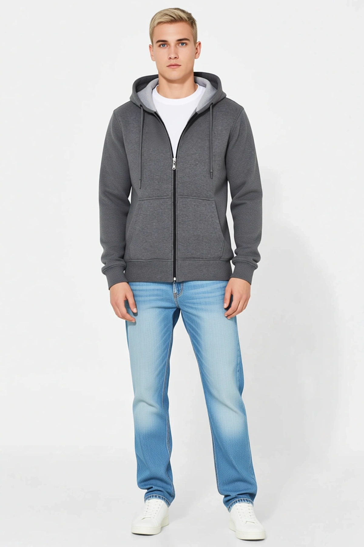 Erkek Tam Fermuarlı Kapüşonlu Unisex Sweatshirt Kanguru Cepli Bağcıklı Ribanalı Uzun Kollu Günlük