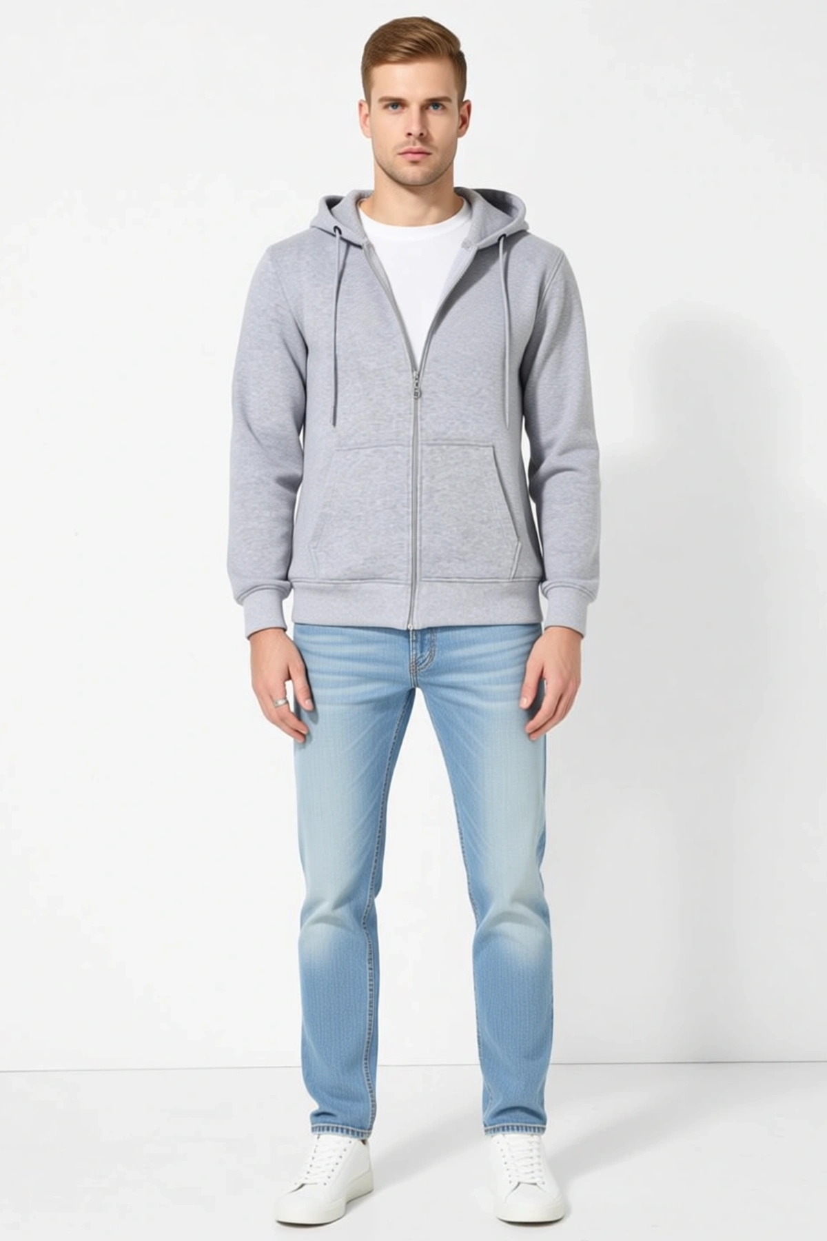 Erkek Tam Fermuarlı Kapüşonlu Unisex Sweatshirt Cepli Bağcıklı Ribanalı Uzun Kollu Rahat Kalıp Basic