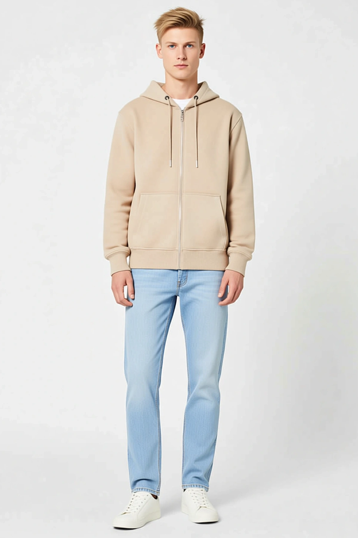 Erkek Tam Fermuarlı Kapüşonlu Unisex Sweatshirt Bağcıklı Cepli Ribanalı Uzun Kollu Dolgun Kalıp