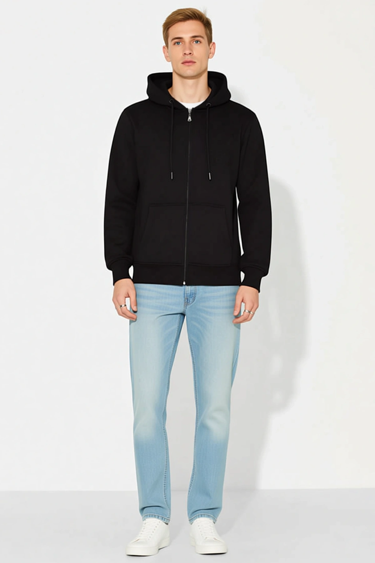 Erkek Tam Fermuarlı Kapüşonlu Unisex Sweatshirt Düz Yüzeyli Bağcıklı Ribanalı Kol Bantlı Rahat Basic