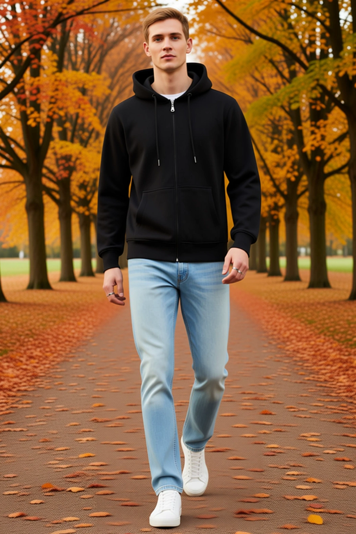 Erkek Tam Fermuarlı Kapüşonlu Unisex Sweatshirt Düz Yüzeyli Bağcıklı Ribanalı Kol Bantlı Rahat Basic