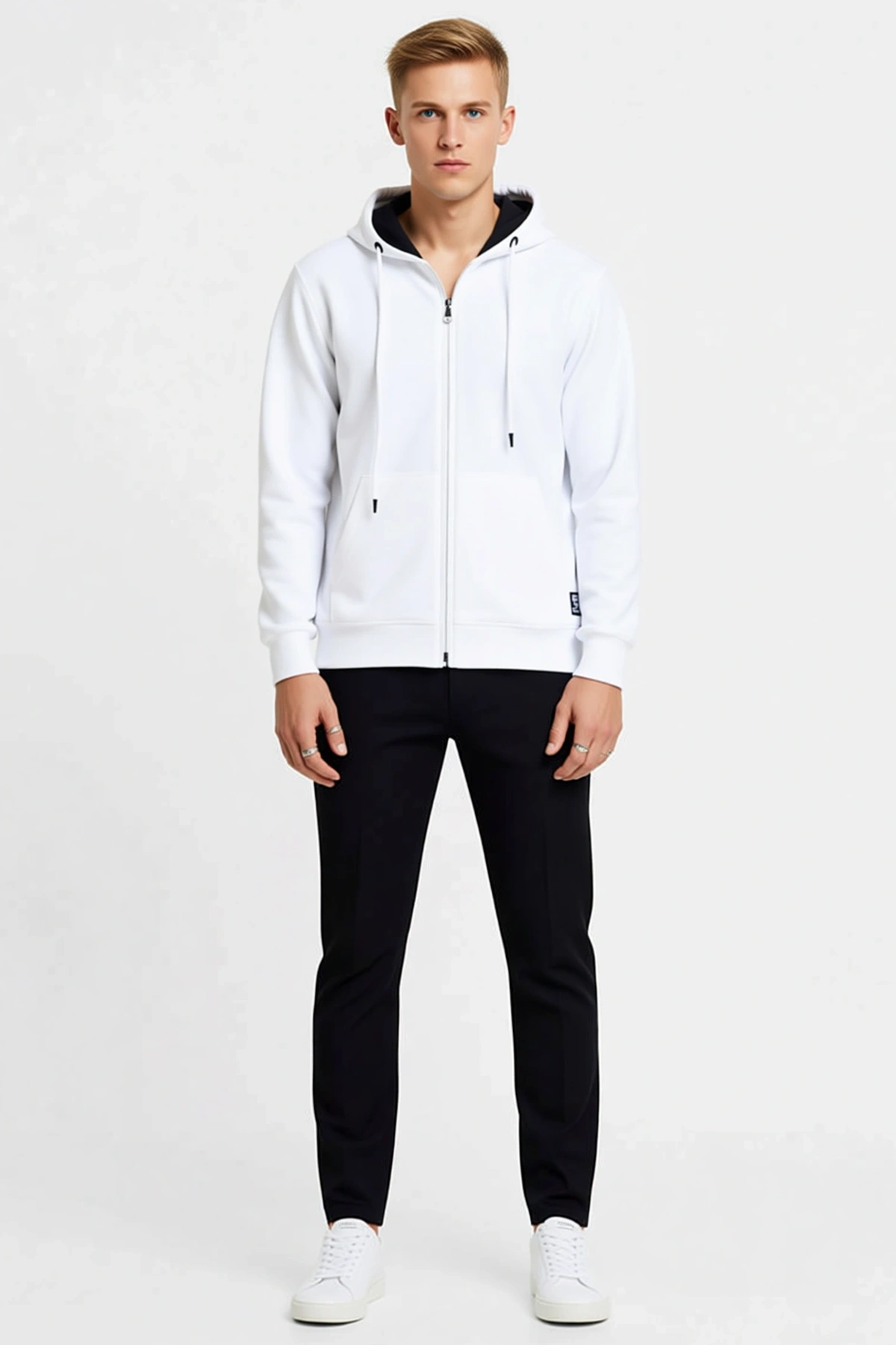 Erkek Tam Fermuarlı Kapüşonlu Unisex Sweatshirt Çift Cepli Bağcıklı Ribanalı Uzun Kollu Sezonluk