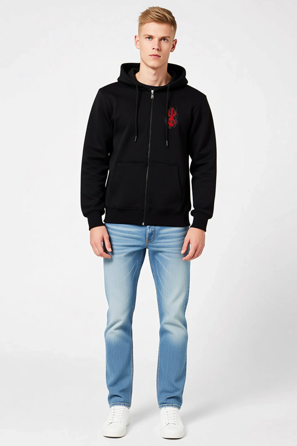 Erkek Baskılı Tam Fermuarlı Kapüşonlu Unisex Sweatshirt Sol Göğüs Motifli Bağcıklı Cepli Ribanalı