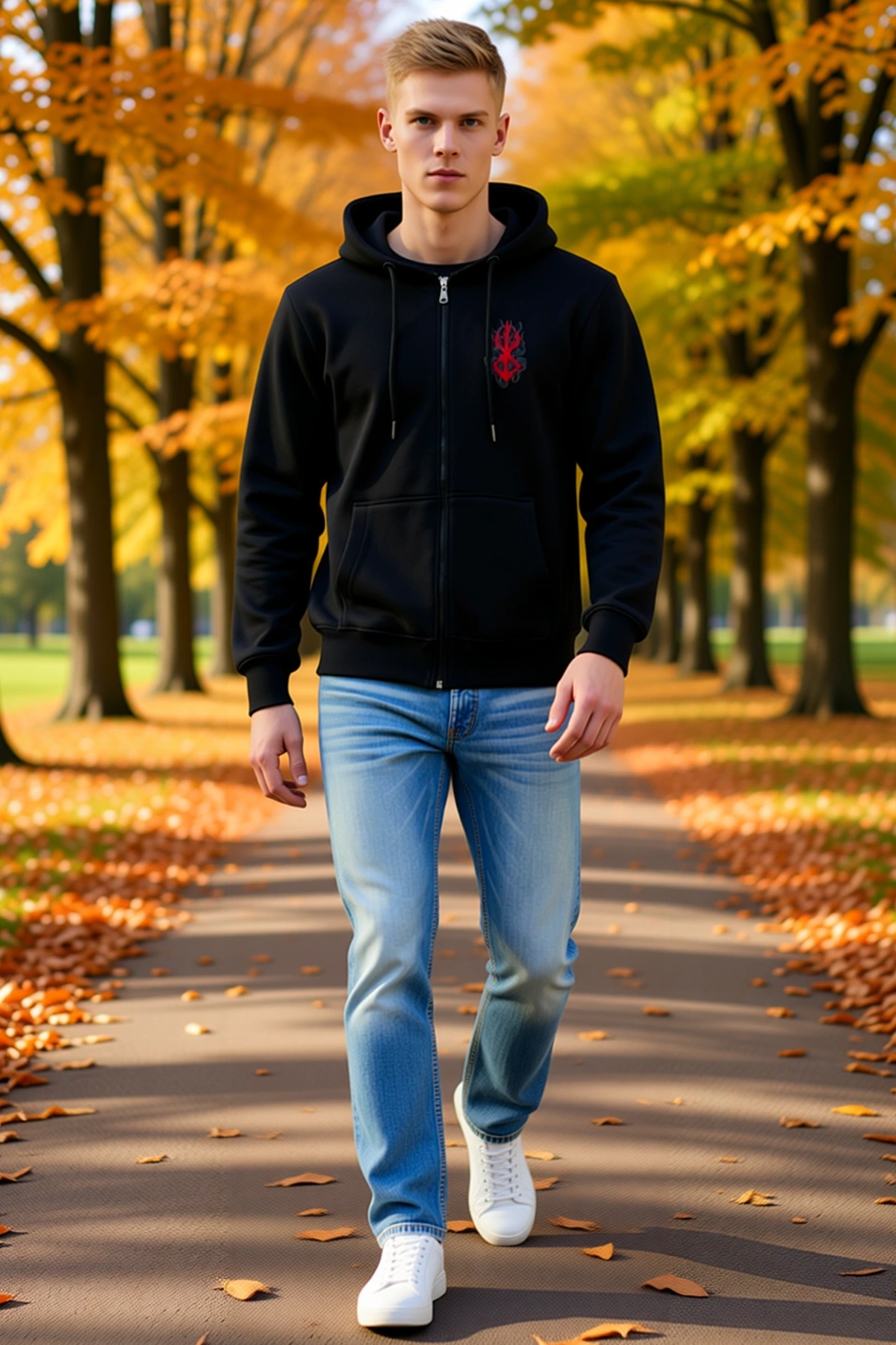 Erkek Baskılı Tam Fermuarlı Kapüşonlu Unisex Sweatshirt Sol Göğüs Motifli Bağcıklı Cepli Ribanalı