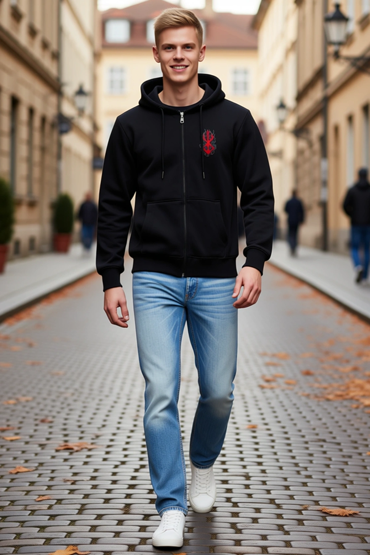 Erkek Baskılı Tam Fermuarlı Kapüşonlu Unisex Sweatshirt Sol Göğüs Motifli Bağcıklı Cepli Ribanalı