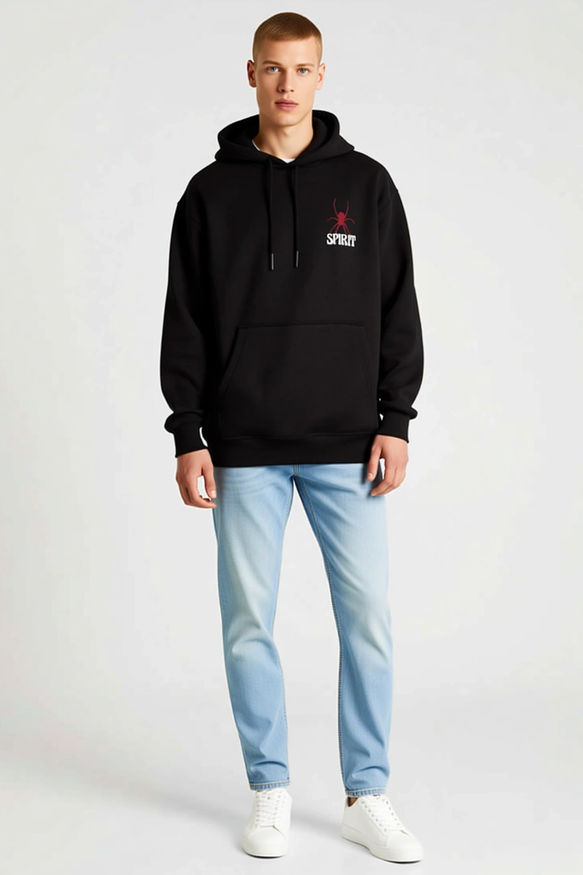 Erkek Kapşonlu Oversize Kanguru Cepli Örümcek Baskılı Sweatshirt Rahat Kalıp Günlük Sokak Stili