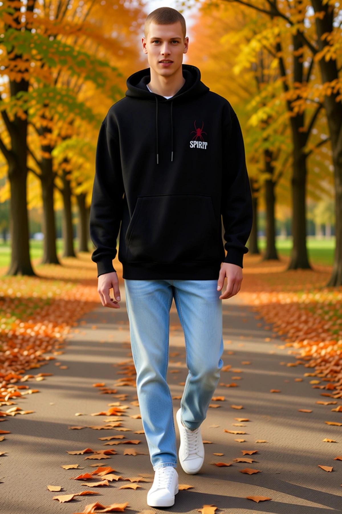 Erkek Kapşonlu Oversize Kanguru Cepli Örümcek Baskılı Sweatshirt Rahat Kalıp Günlük Sokak Stili