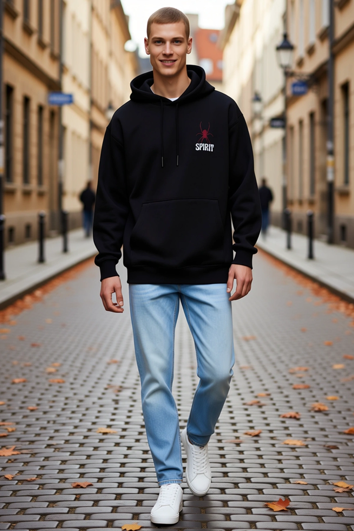 Erkek Kapşonlu Oversize Kanguru Cepli Örümcek Baskılı Sweatshirt Rahat Kalıp Günlük Sokak Stili