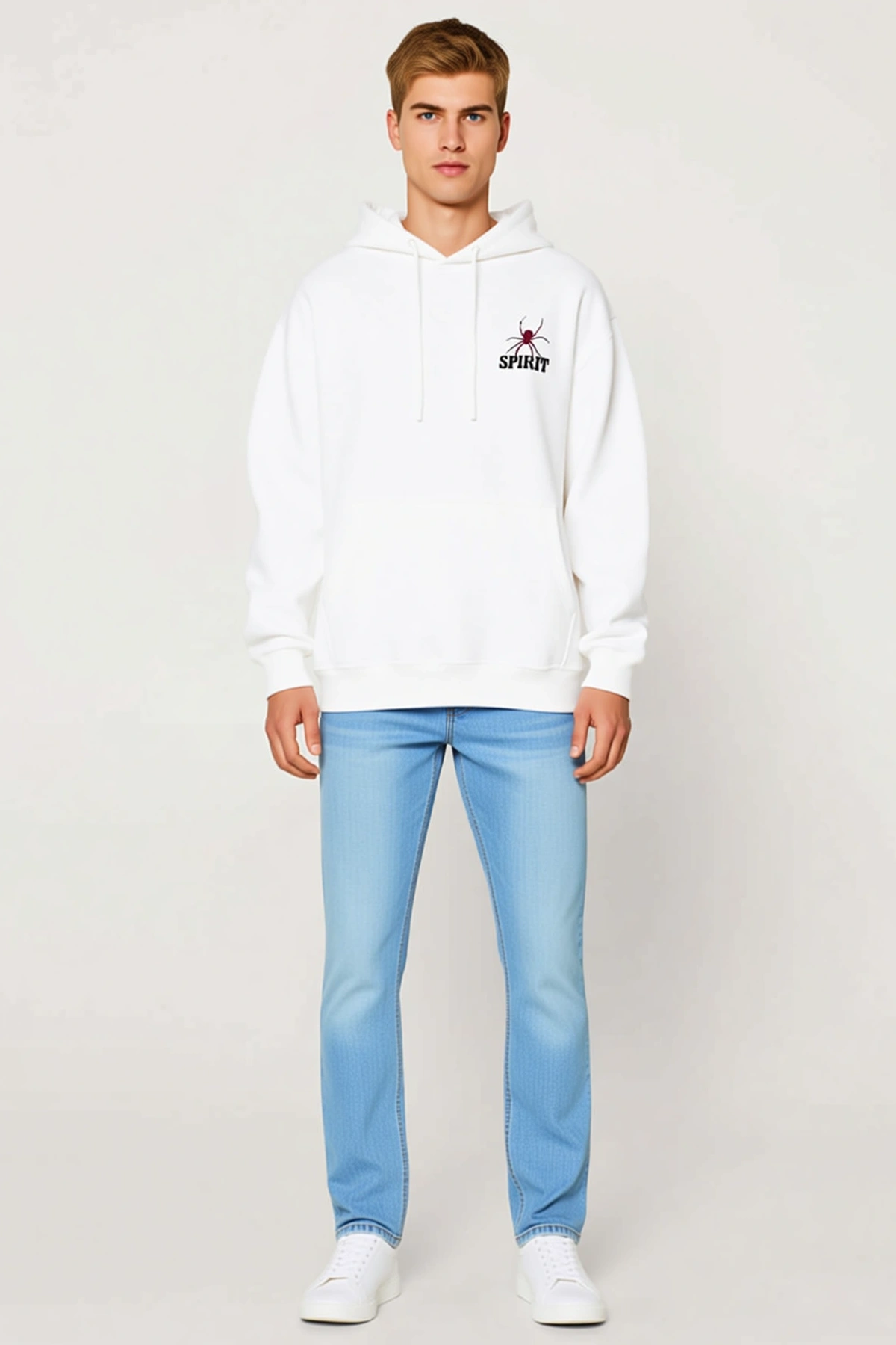 Erkek Örümcek Desenli Kapşonlu Bol Kalıp Sweatshirt Ribana Manşetli Kanguru Cep Günlük Rahat Stil