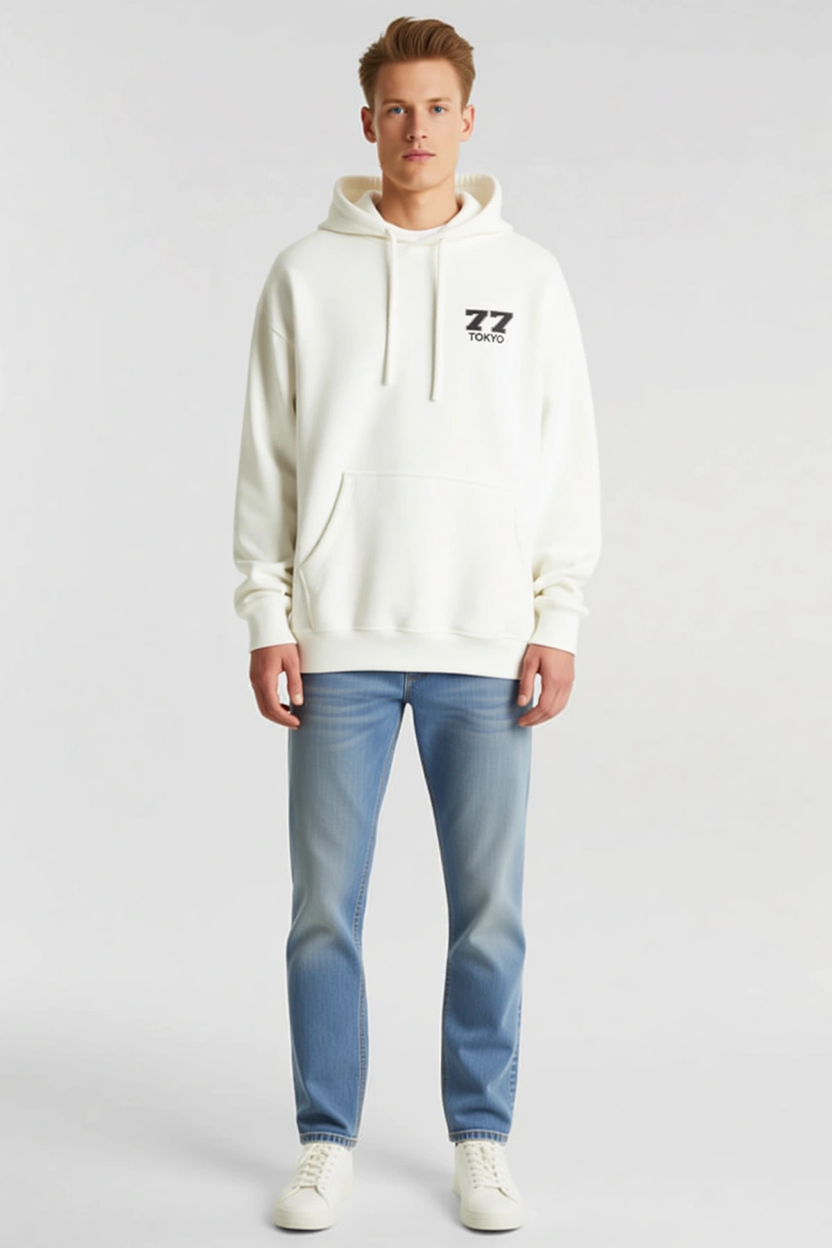 Erkek Kapşonlu Rakam ve Yazı Baskılı Oversize Sweatshirt Kanguru Cepli Düşük Omuz Rahat Günlük Stil