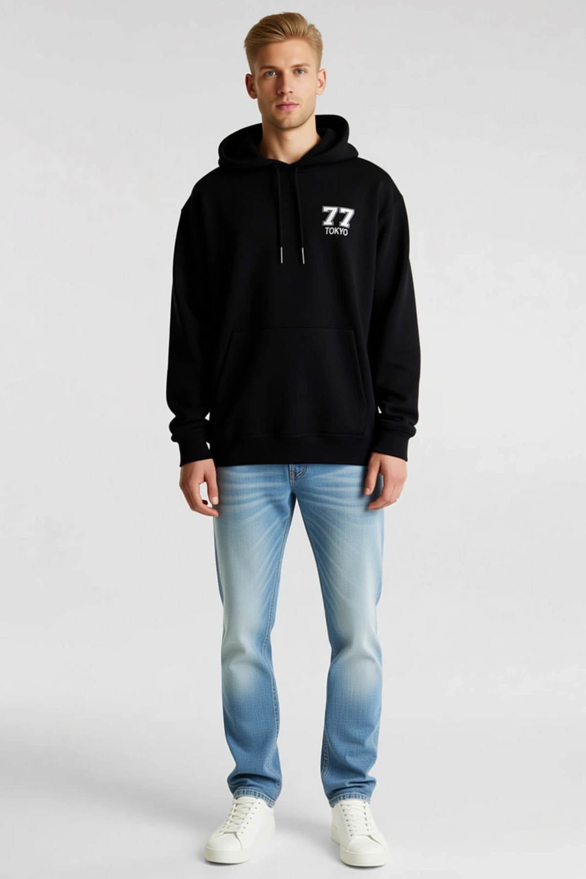 Erkek Göğüs Rakamlı Şehir Yazılı Kapşonlu Sweatshirt Uzun Kollu Salaş Kesim Kanguru Cepli Sezonluk