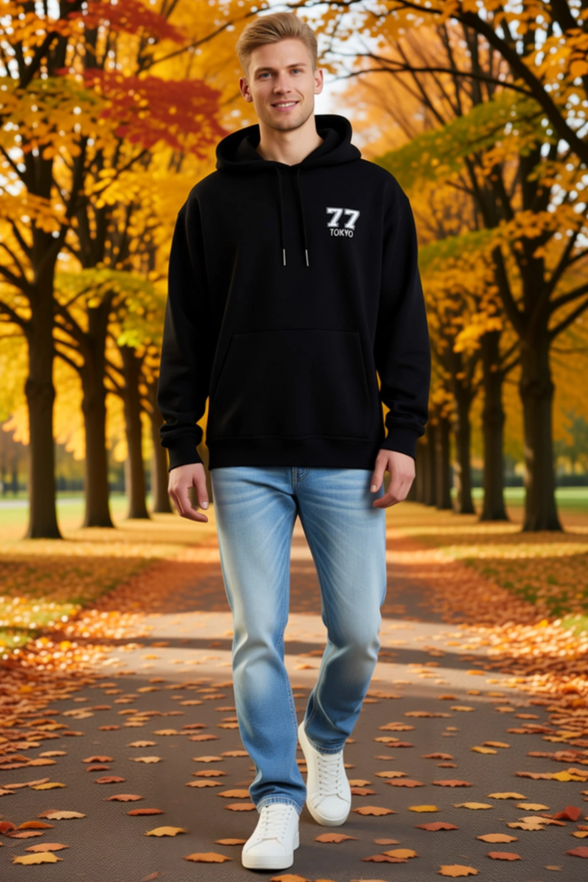 Erkek Göğüs Rakamlı Şehir Yazılı Kapşonlu Sweatshirt Uzun Kollu Salaş Kesim Kanguru Cepli Sezonluk