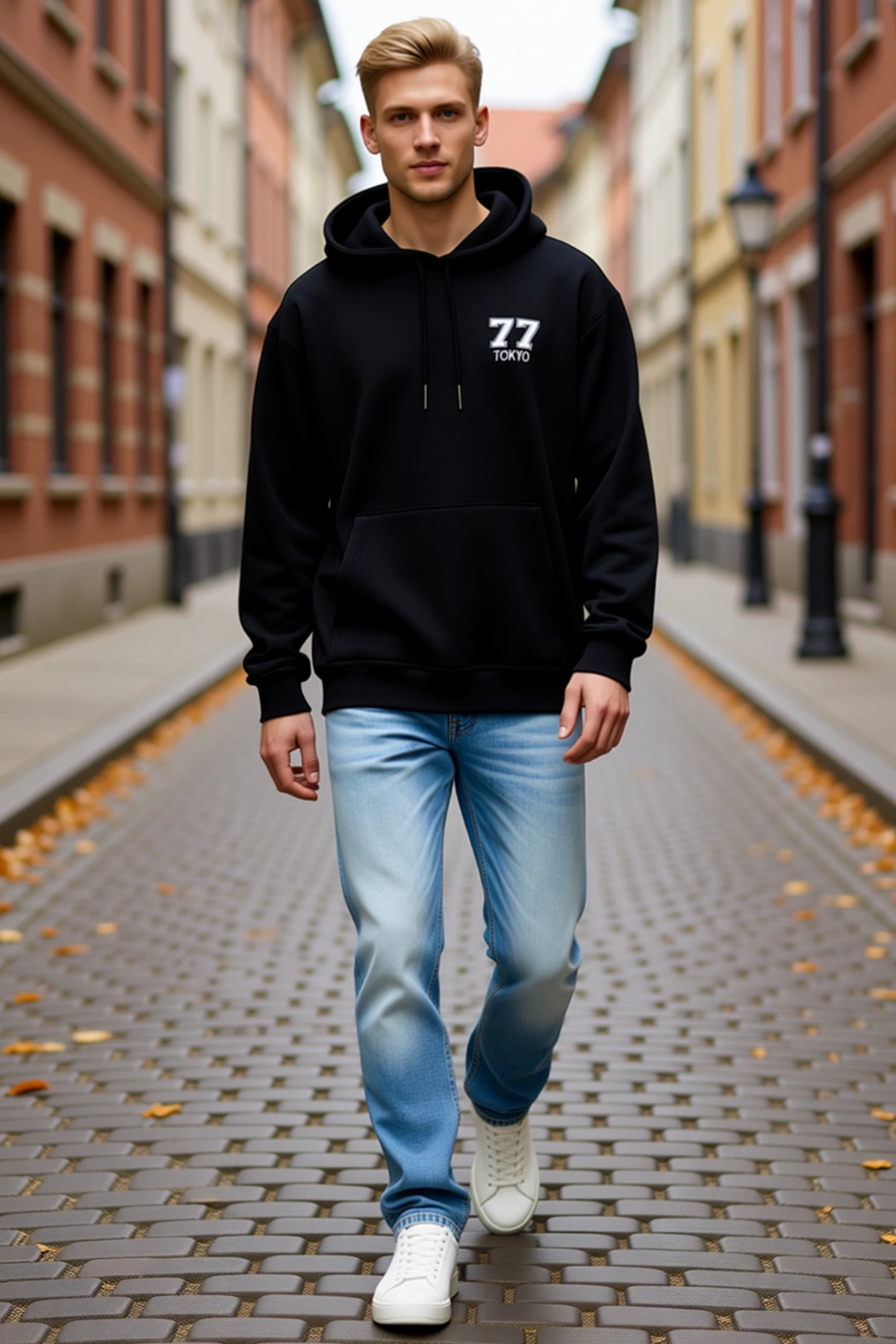 Erkek Göğüs Rakamlı Şehir Yazılı Kapşonlu Sweatshirt Uzun Kollu Salaş Kesim Kanguru Cepli Sezonluk