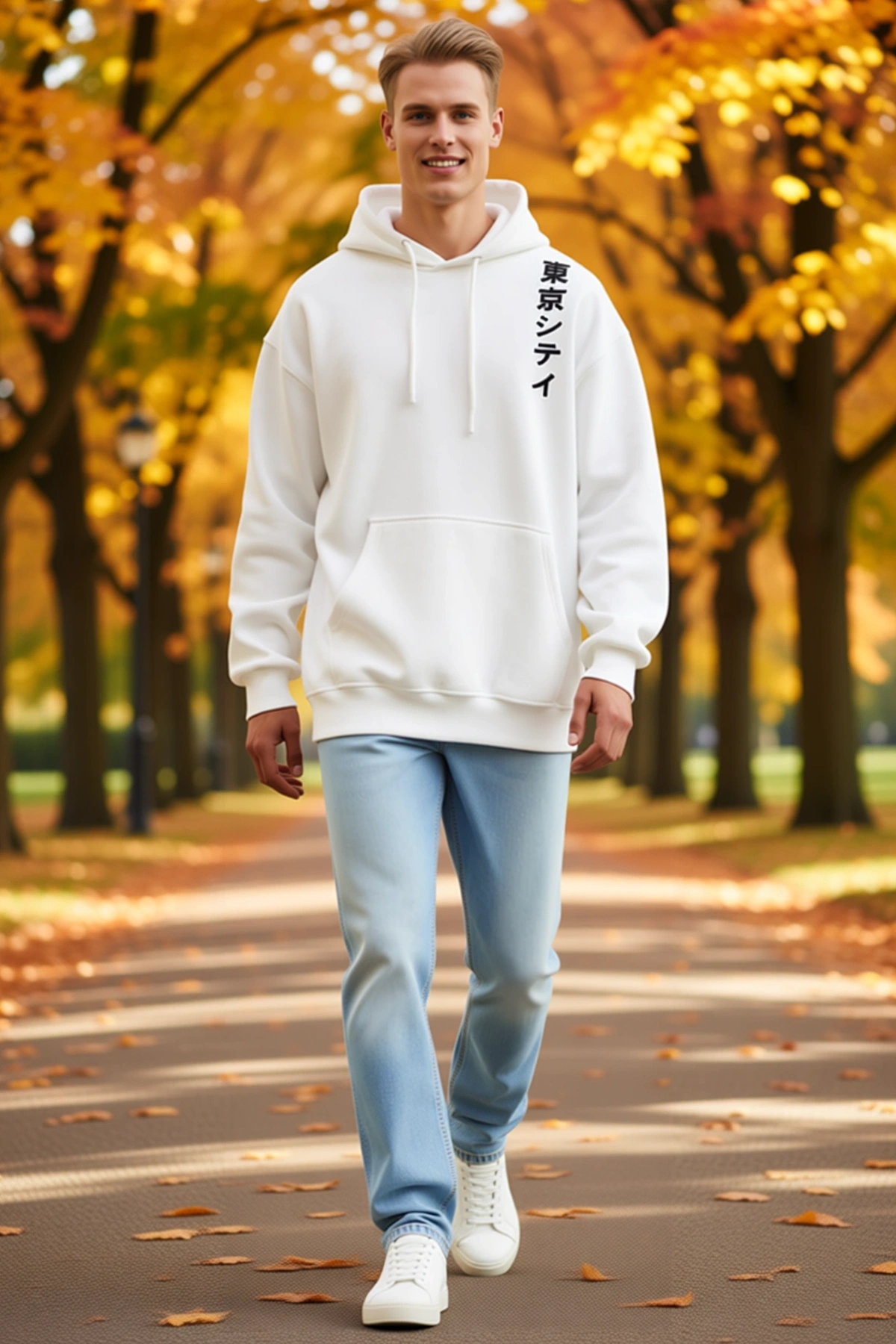 Erkek Kapşonlu Japon Harfli Baskılı Sweatshirt Omuz Hizasında Dikey Desenli Bol Kalıp Kanguru Cepli