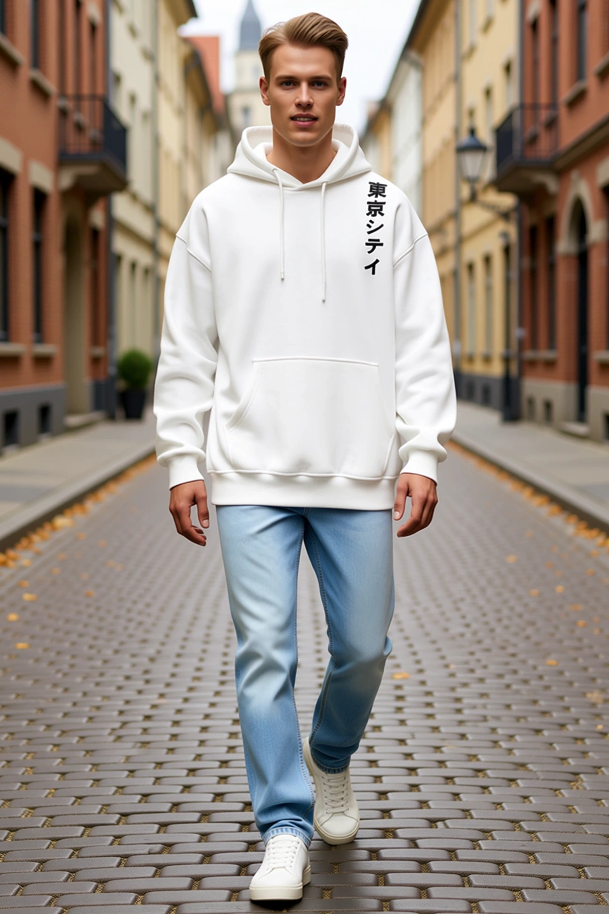 Erkek Kapşonlu Japon Harfli Baskılı Sweatshirt Omuz Hizasında Dikey Desenli Bol Kalıp Kanguru Cepli