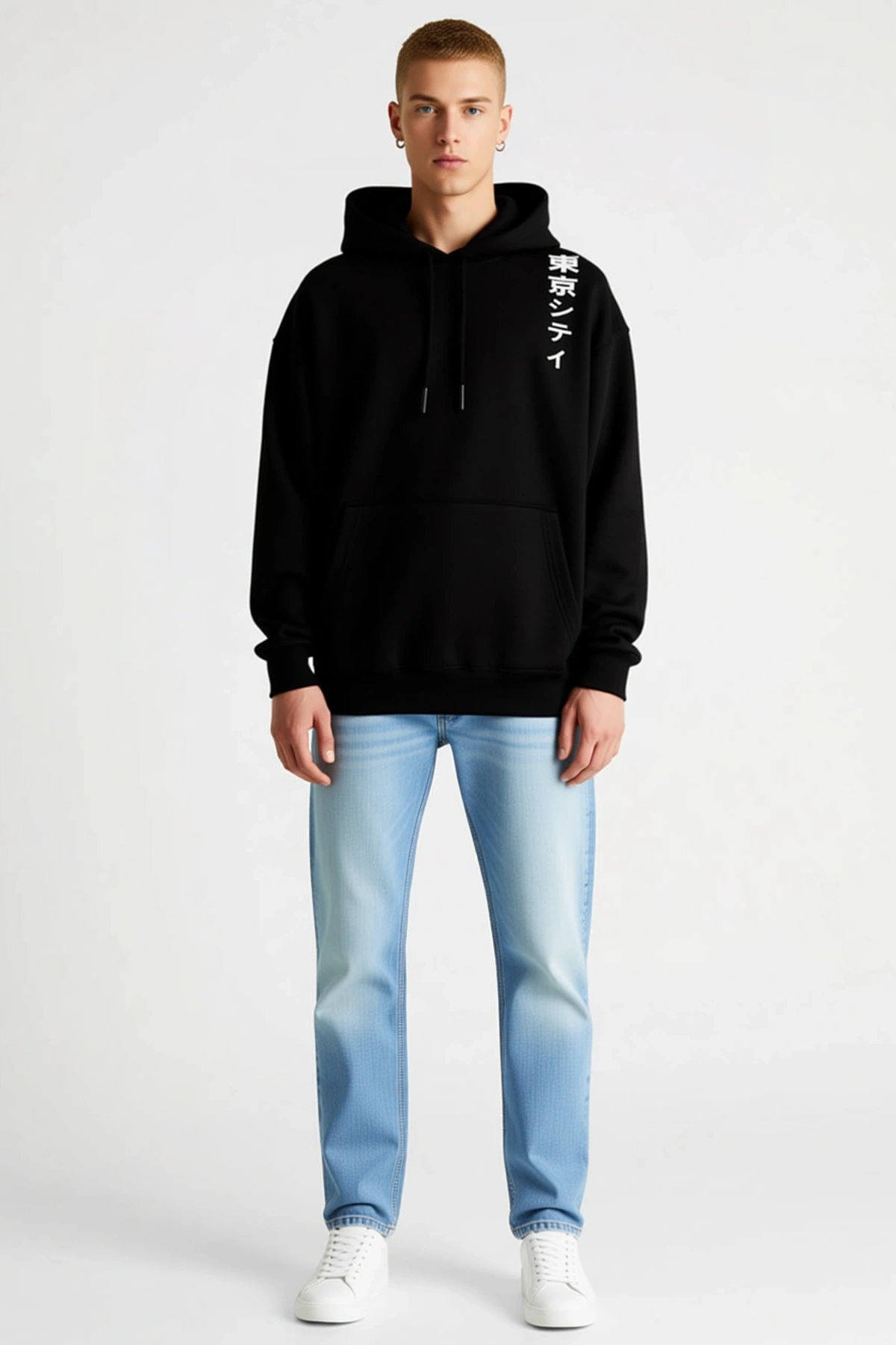 Erkek Uzun Kollu Japonca Yazı Baskılı Kapşonlu Sweatshirt Dikey Desen Düşük Omuz Konforlu Kesim