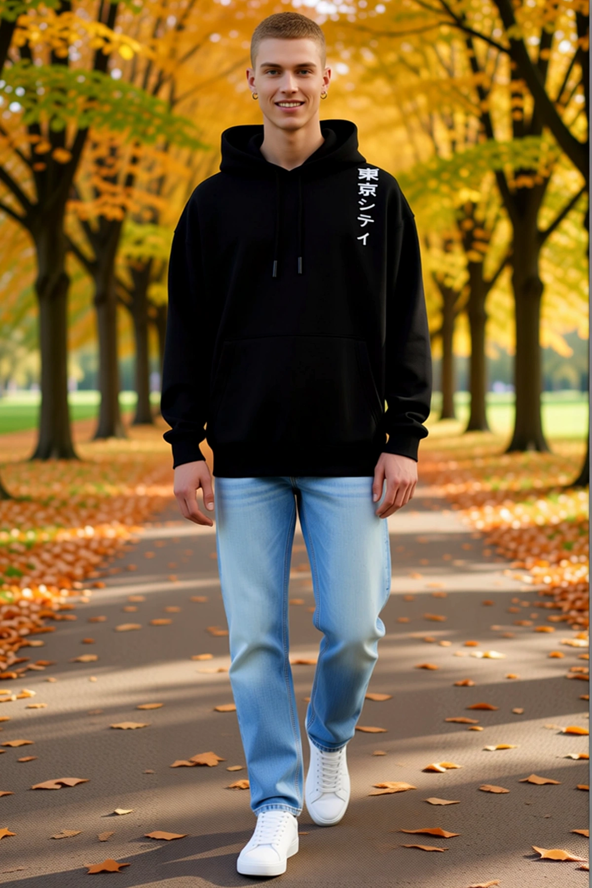 Erkek Uzun Kollu Japonca Yazı Baskılı Kapşonlu Sweatshirt Dikey Desen Düşük Omuz Konforlu Kesim
