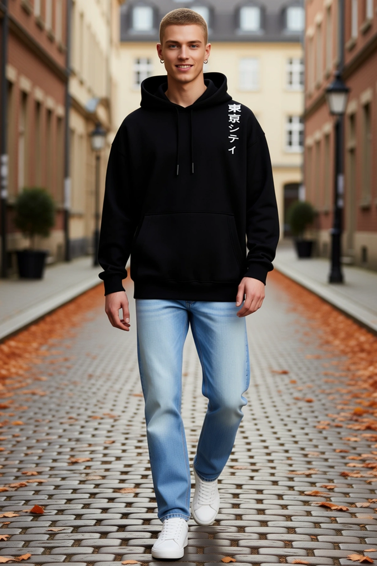 Erkek Uzun Kollu Japonca Yazı Baskılı Kapşonlu Sweatshirt Dikey Desen Düşük Omuz Konforlu Kesim