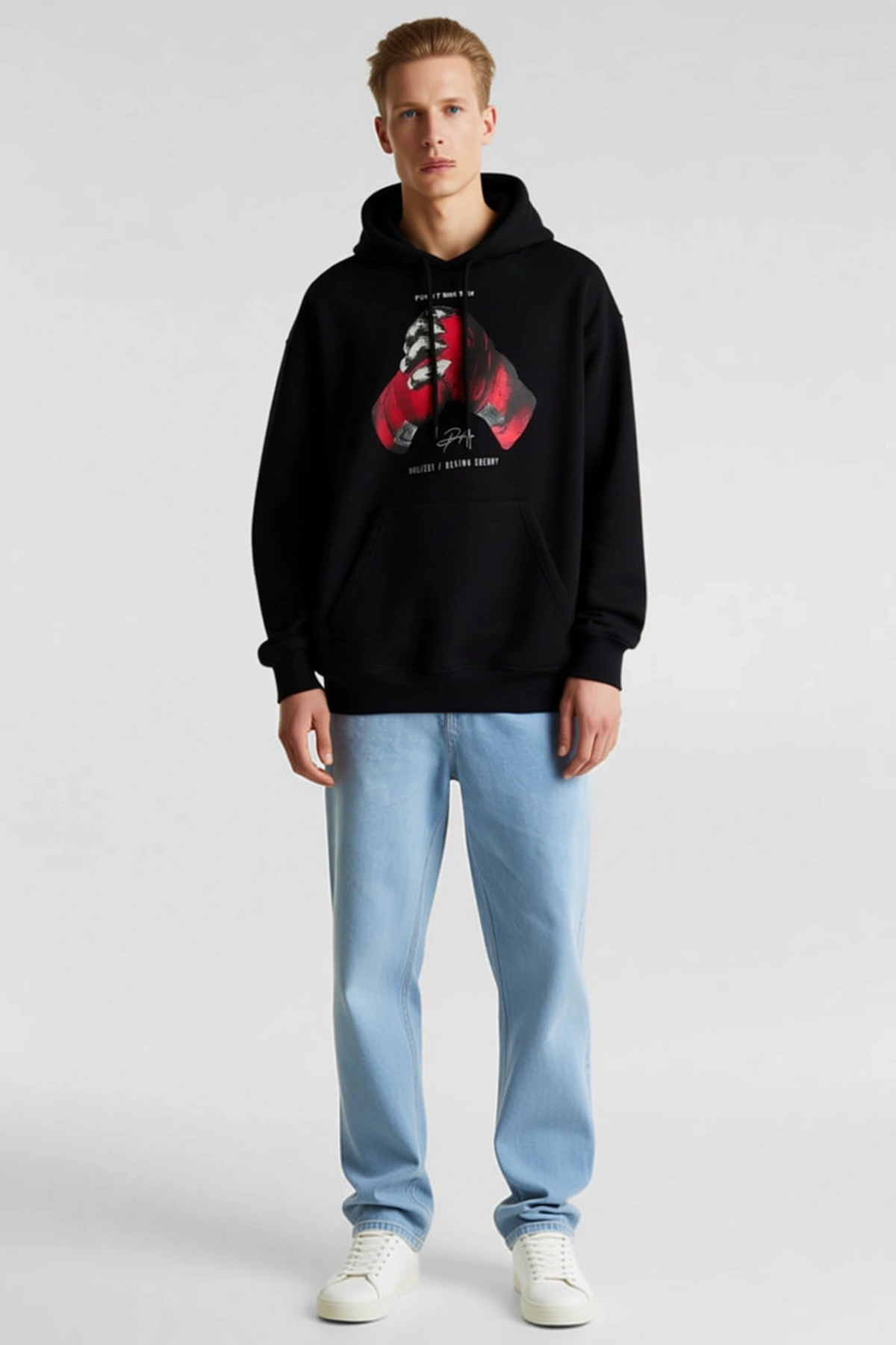 Erkek Eldiven Baskılı Kapşonlu Sweatshirt Bol Kalıp Düşük Omuz Uzun Kollu Rahat Günlük Kullanım