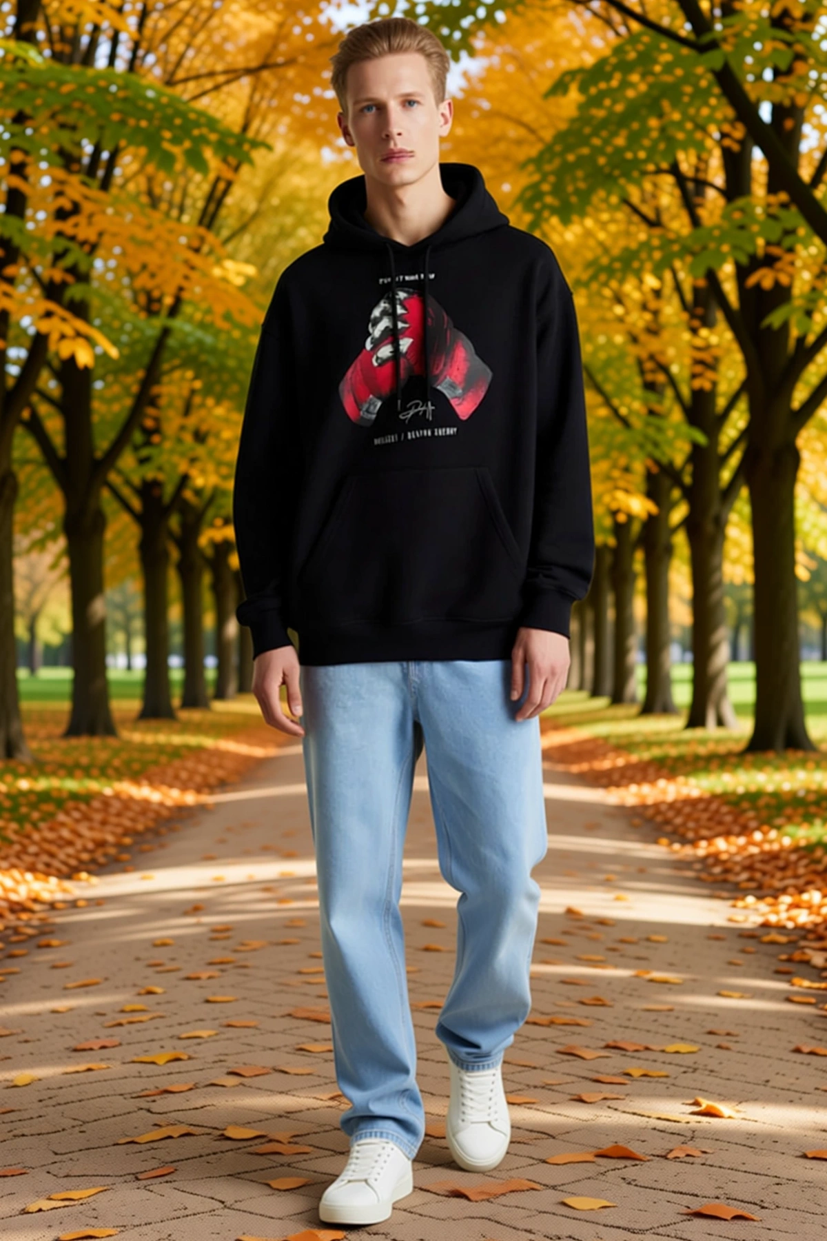 Erkek Eldiven Baskılı Kapşonlu Sweatshirt Bol Kalıp Düşük Omuz Uzun Kollu Rahat Günlük Kullanım