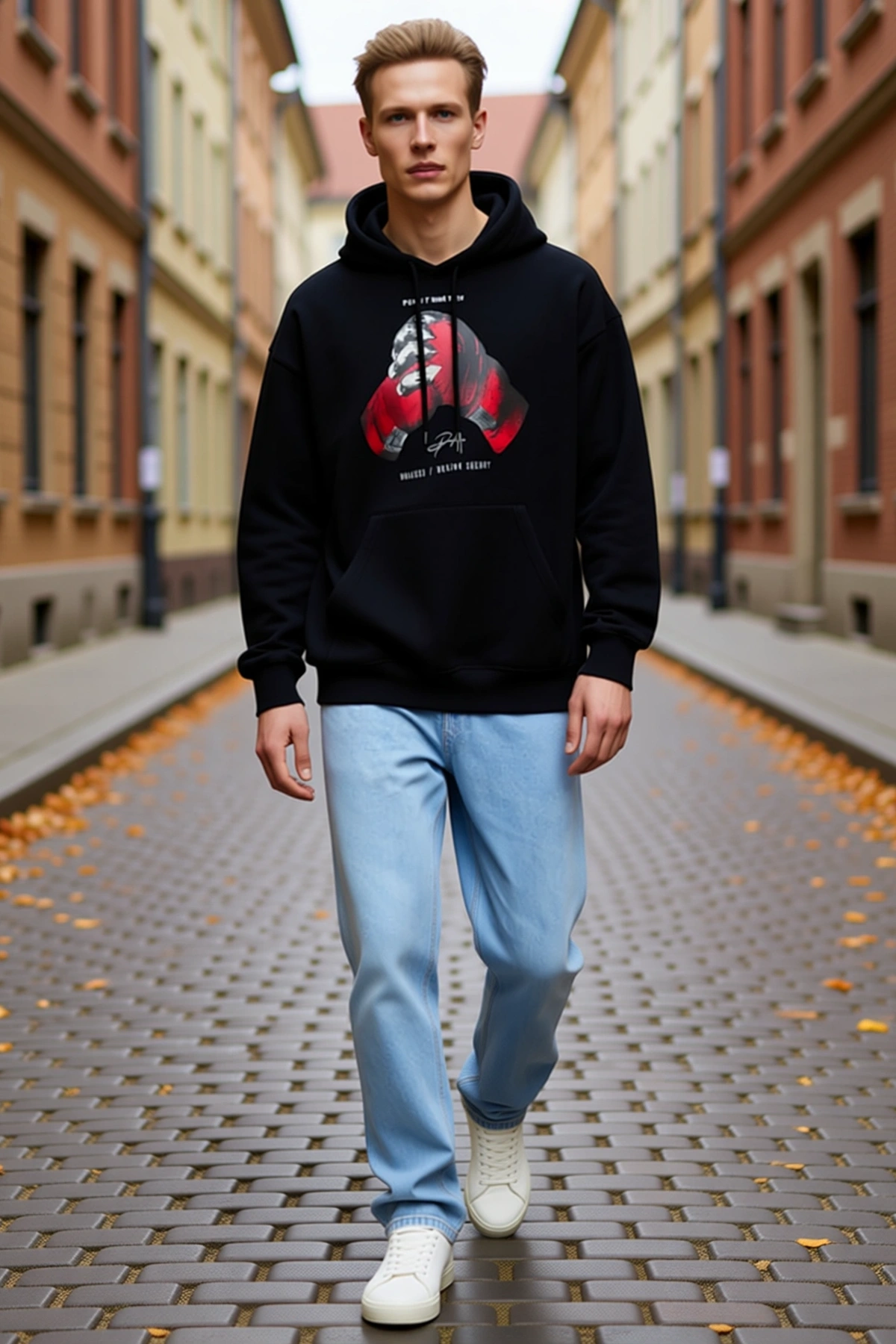 Erkek Eldiven Baskılı Kapşonlu Sweatshirt Bol Kalıp Düşük Omuz Uzun Kollu Rahat Günlük Kullanım