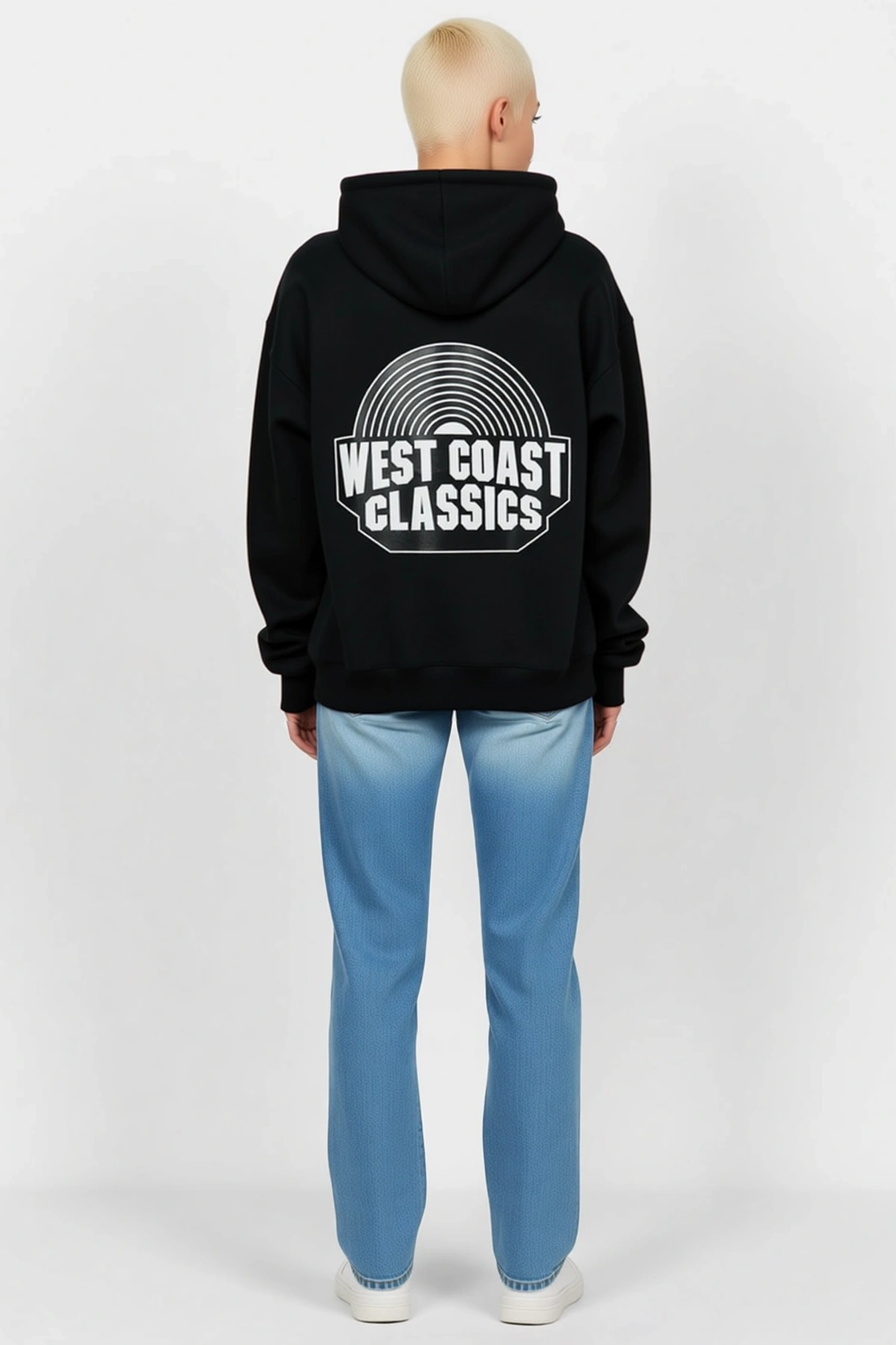 Kadın Kapşonlu Üç İplik Oversize Sweatshirt Göğüs Baskılı Kanguru Cepli Düşük Omuz Rahat Günlük