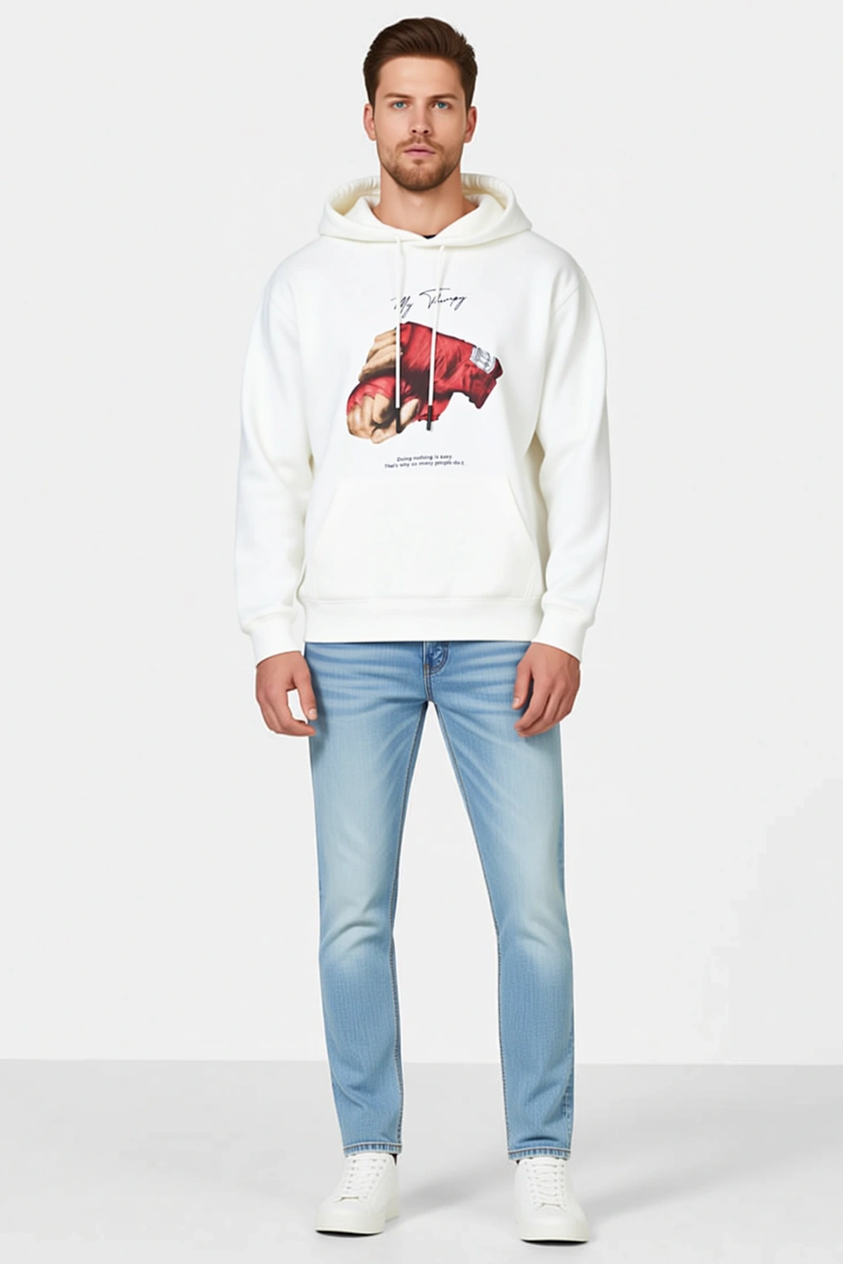 Erkek Yumruk Görselli Kapşonlu Üç İplik Oversize Baskılı Sweatshirt Bağcıklı Kanguru Cepli Rahat