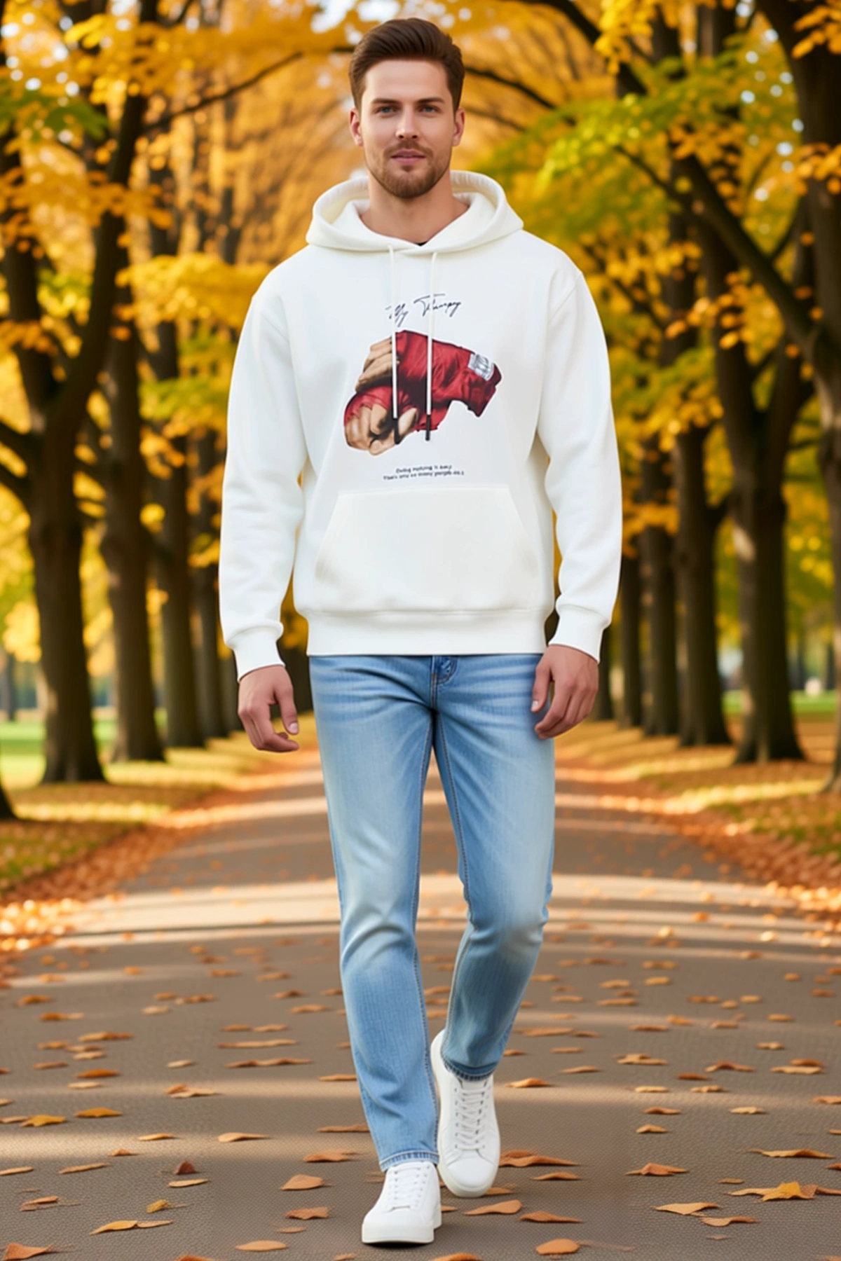 Erkek Yumruk Görselli Kapşonlu Üç İplik Oversize Baskılı Sweatshirt Bağcıklı Kanguru Cepli Rahat