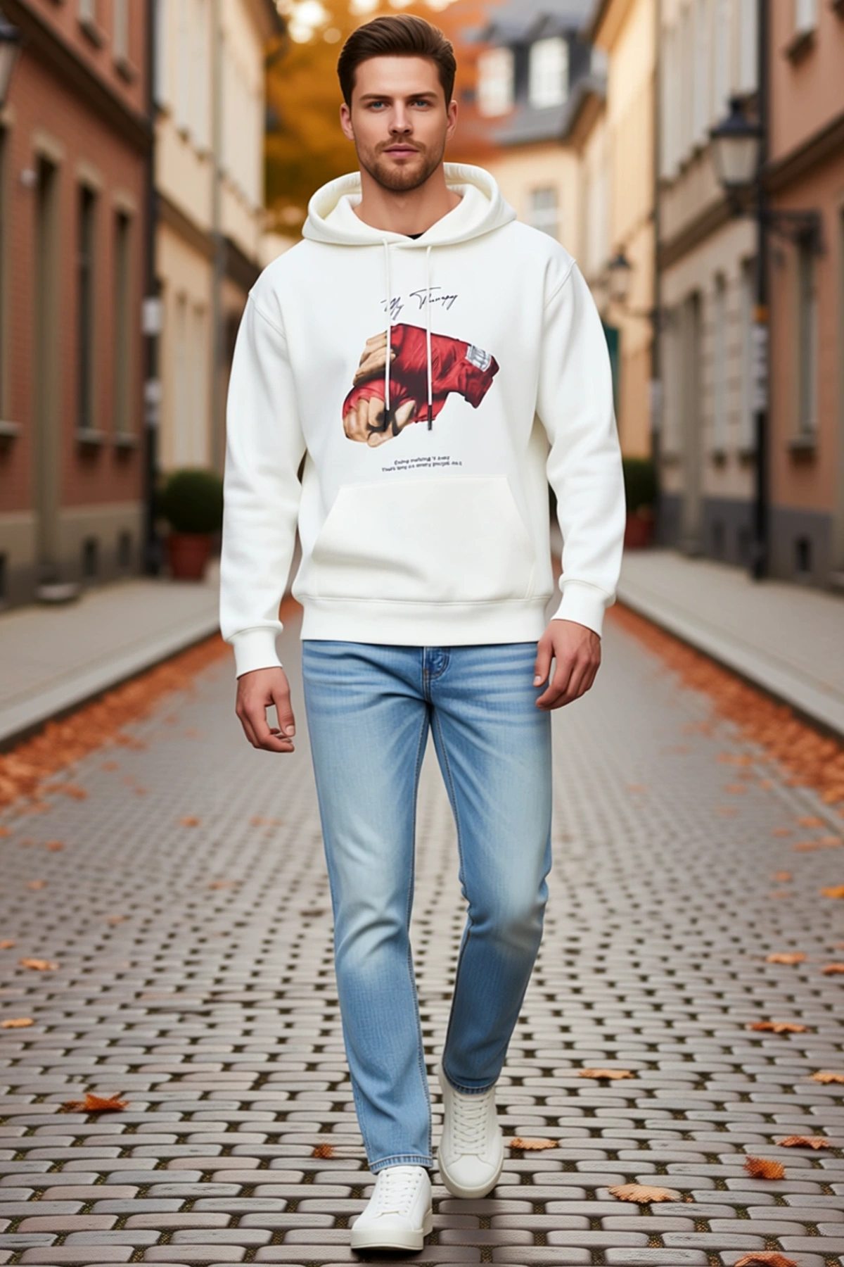 Erkek Yumruk Görselli Kapşonlu Üç İplik Oversize Baskılı Sweatshirt Bağcıklı Kanguru Cepli Rahat