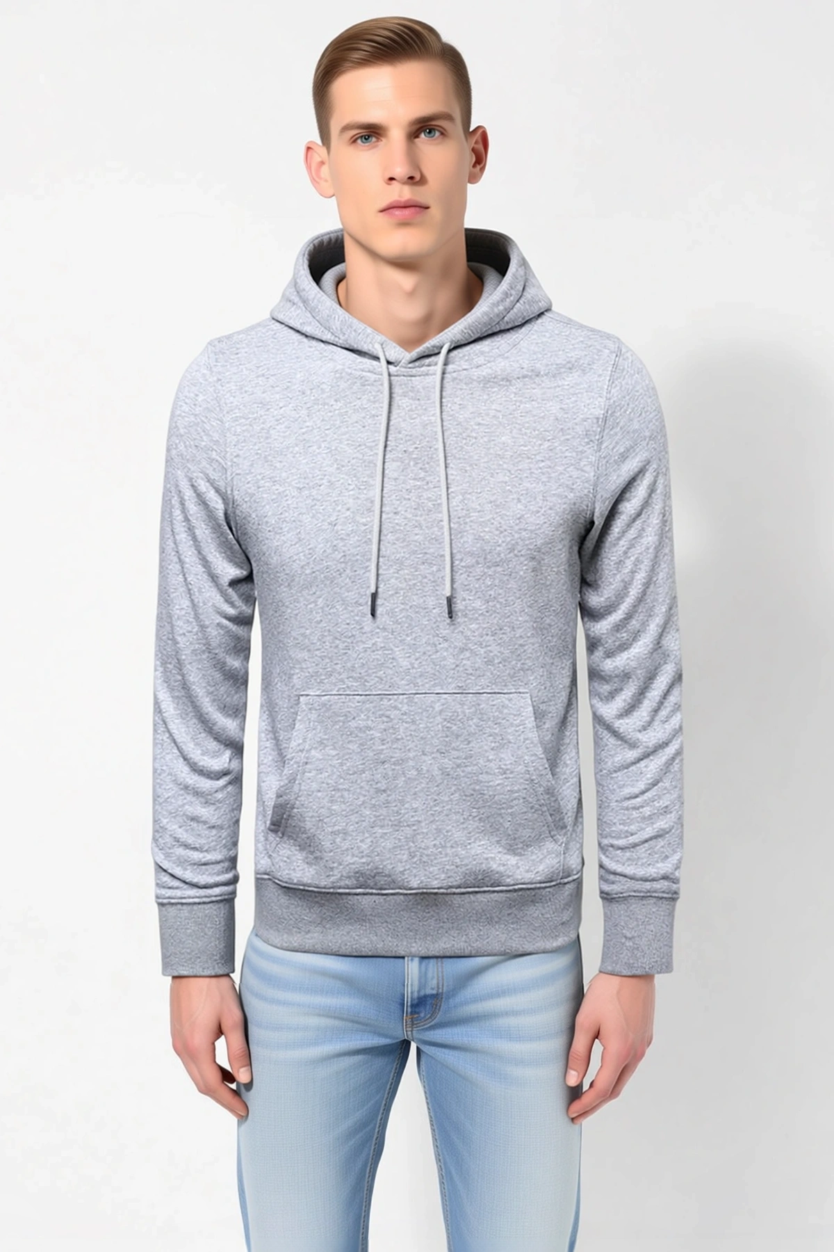 Erkek Uzun Kollu Kapşonlu Basic Hoodie Sweatshirt Düz Kesim Kanguru Cepli Ribana Etekli Rahat Günlük