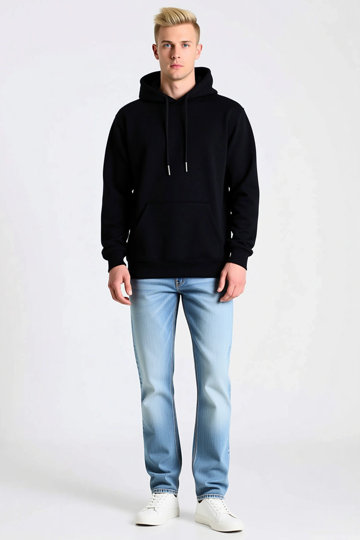 Erkek Basic Kapşonlu Sweatshirt Düz Model Uzun Kol Bağcıklı Kanguru Cep Ribanalı Bilek Rahat Stil