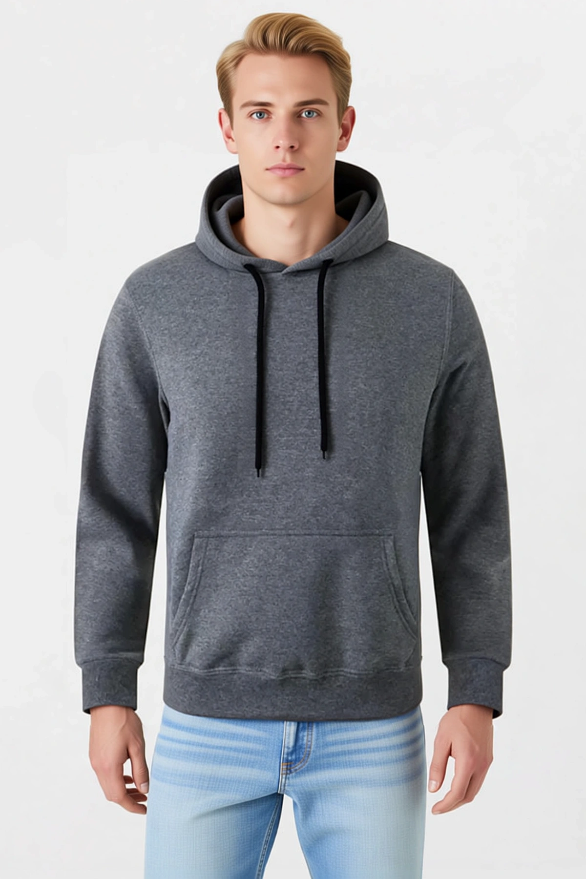 Erkek Kapşonlu Düz Sweatshirt Hoodie Uzun Kollu Dolgun Kesim Kanguru Cepli Ribana Manşetli Günlük