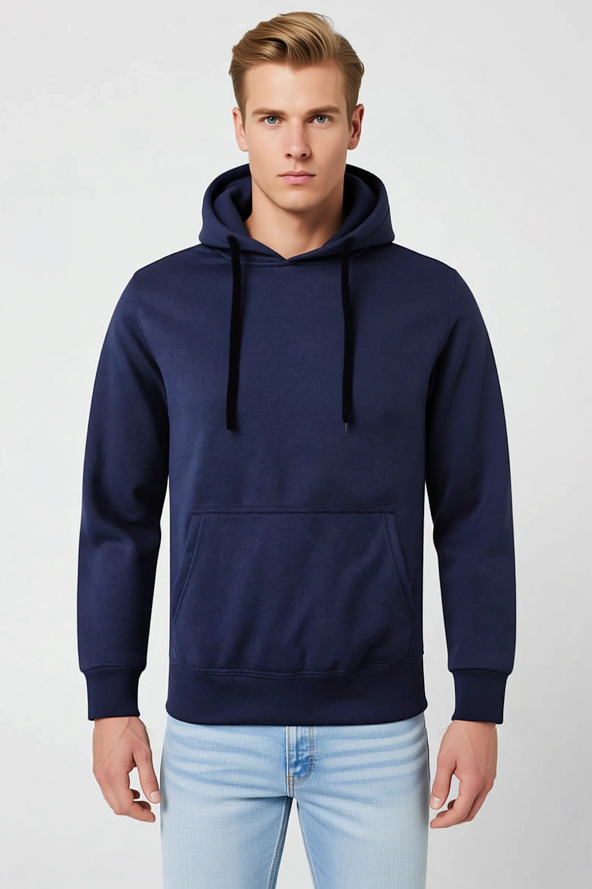 Erkek Uzun Kollu Basic Hoodie Kapşonlu Düz Sweatshirt Ribana Bitişli Kanguru Cepli Sezonluk Rahat